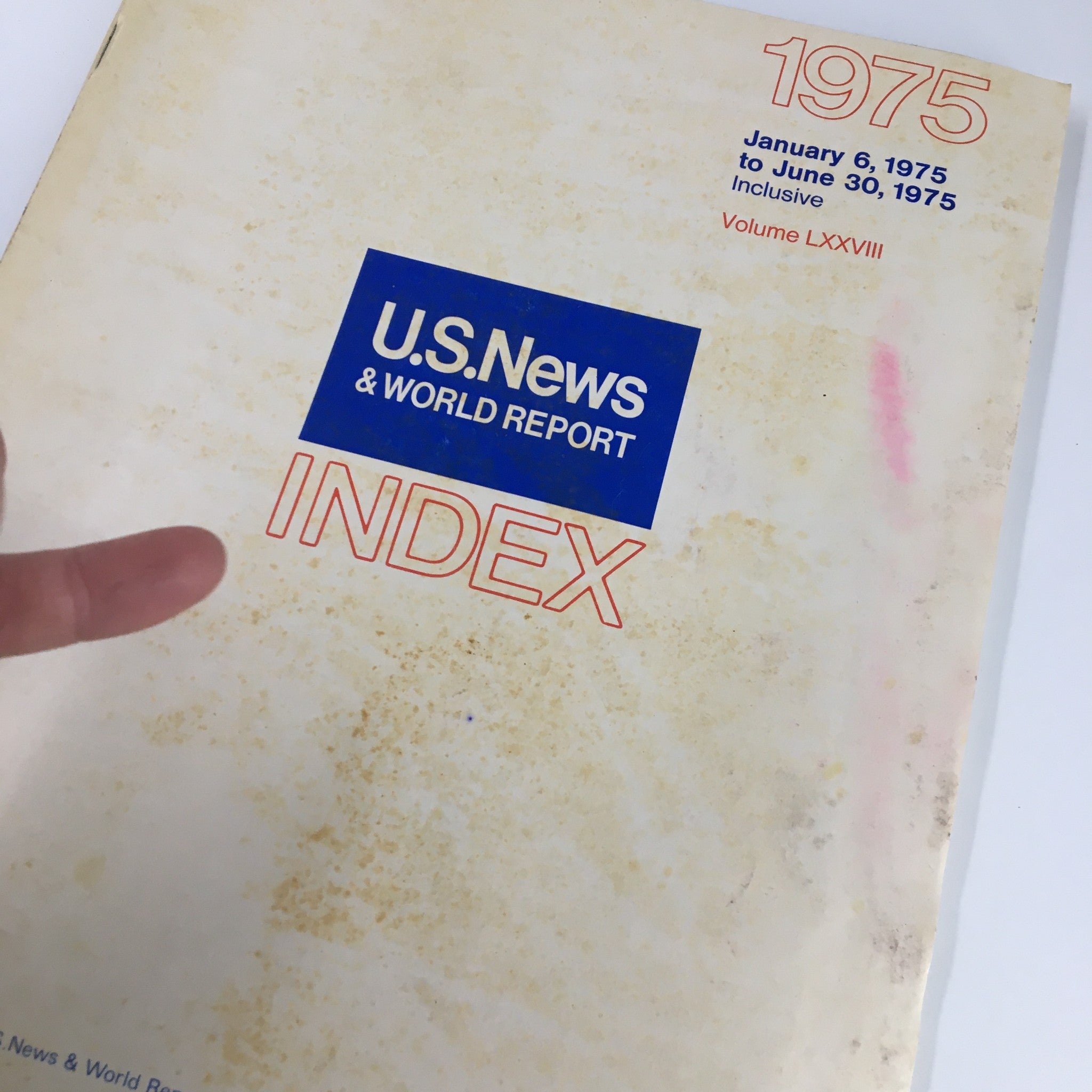 Close-up of the front cover of the US News & World Report Magazine from January 6, 1975, highlighting the index for Volume LXXVIII.