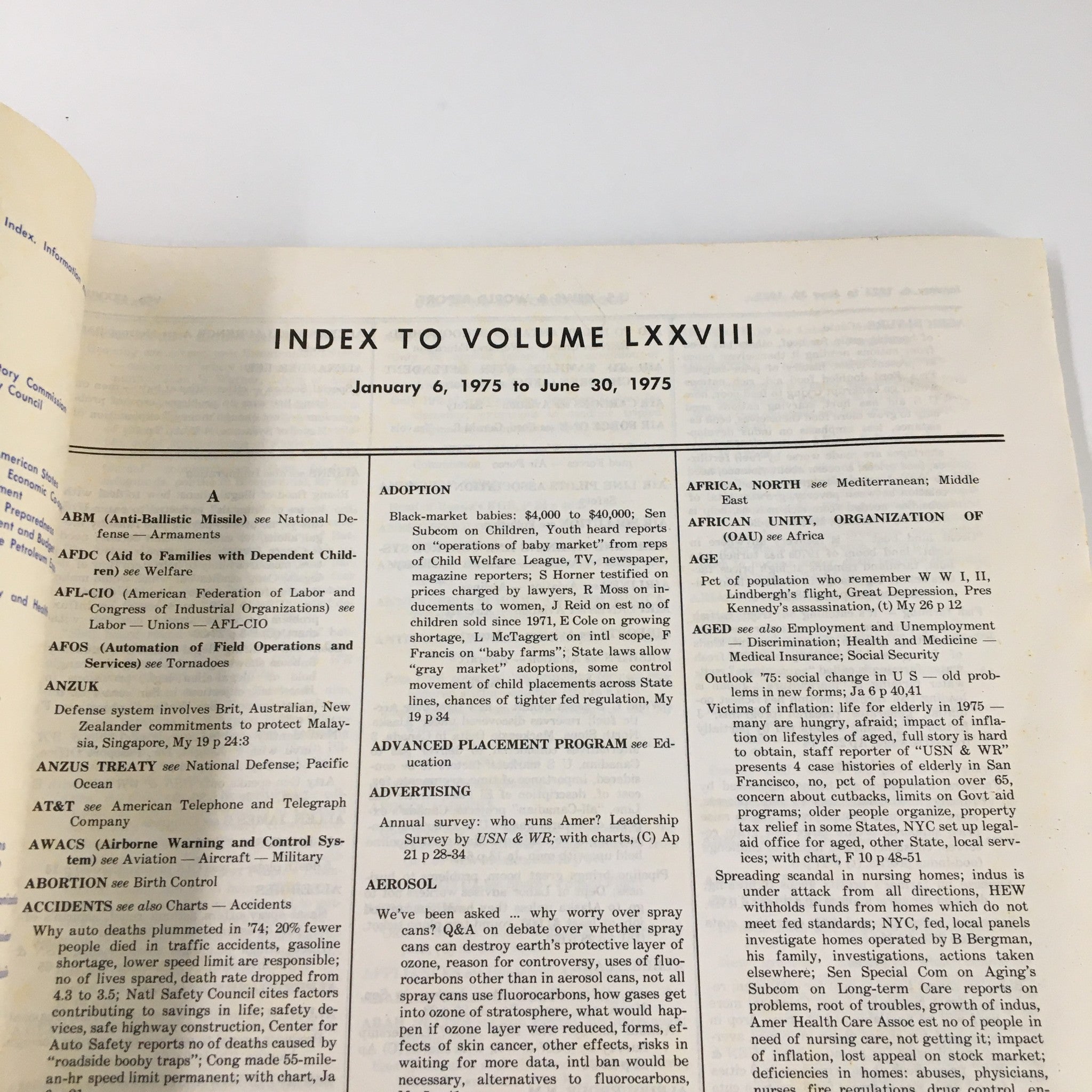 Inside page of the US News & World Report Magazine January 6 1975, showing the index contents under the title 'INDEX TO VOLUME LXXVIII' for January to June 1975.
