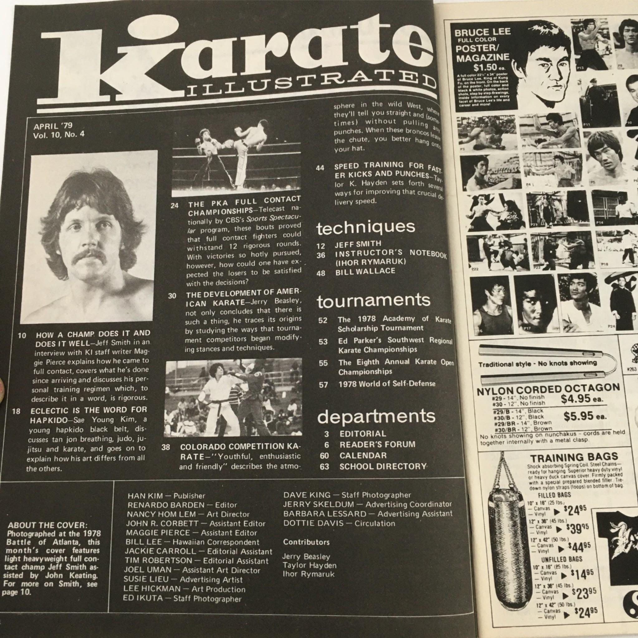 Interior page of Karate Illustrated Magazine April 1979, featuring articles and photographs about martial arts, including Jeff Smith's insights.