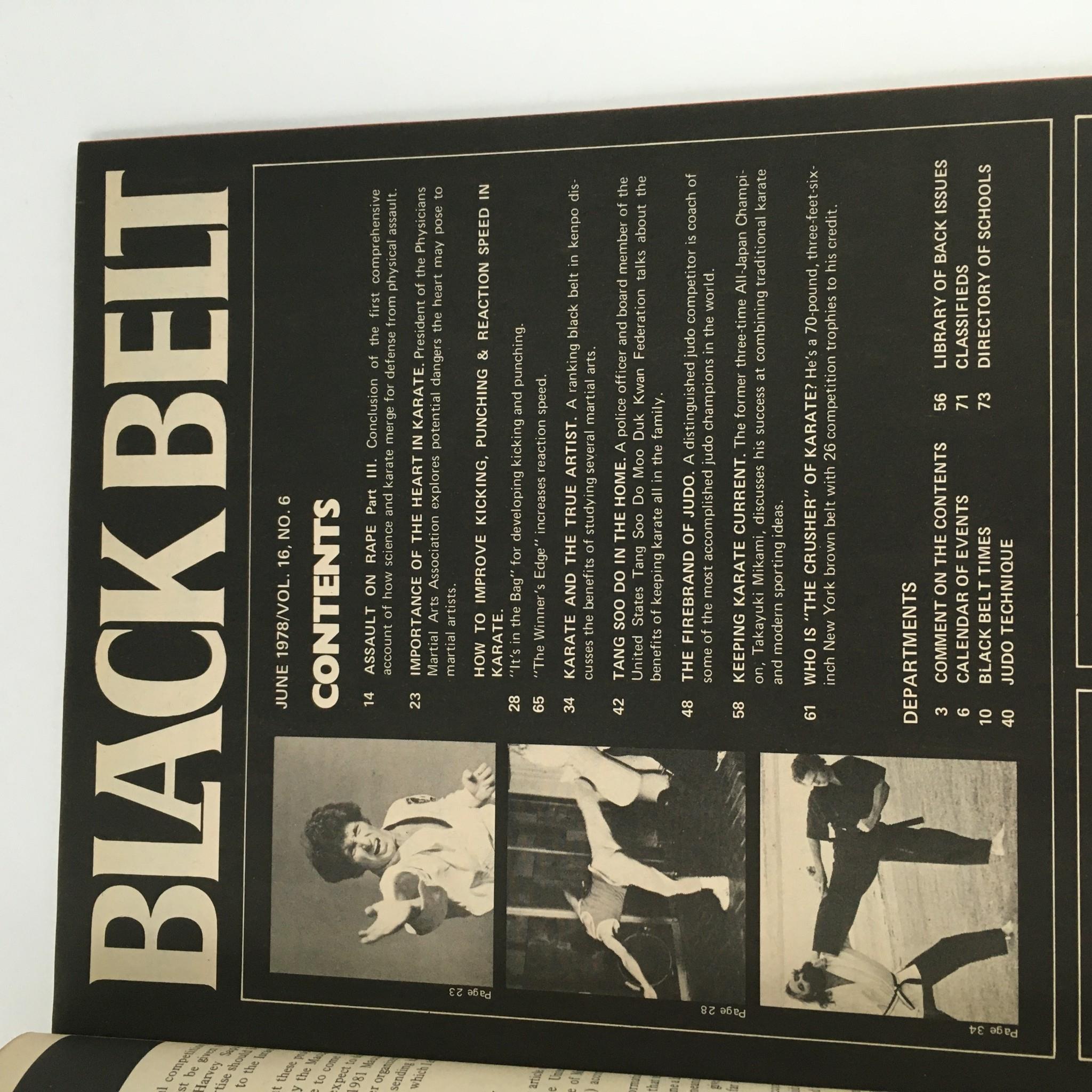 Contents page of Black Belt Magazine June 1978 featuring articles on karate techniques and martial arts training with a photograph of a martial artist in action.