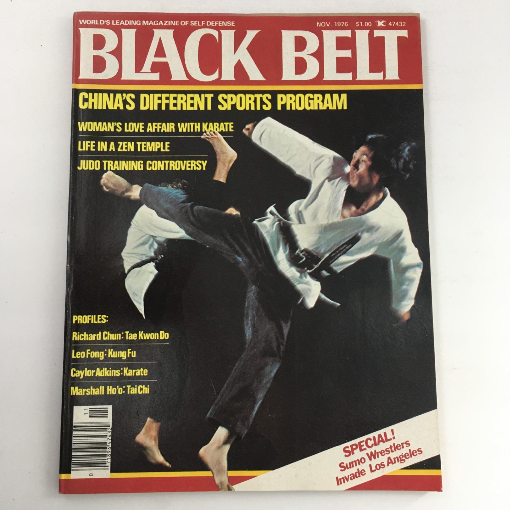Cover image of Black Belt Magazine, November 1976, featuring martial arts highlights including profiles on Richard Chun, Leo Fong, and Caylor Adkins, showcasing self-defense techniques and cultural significance.