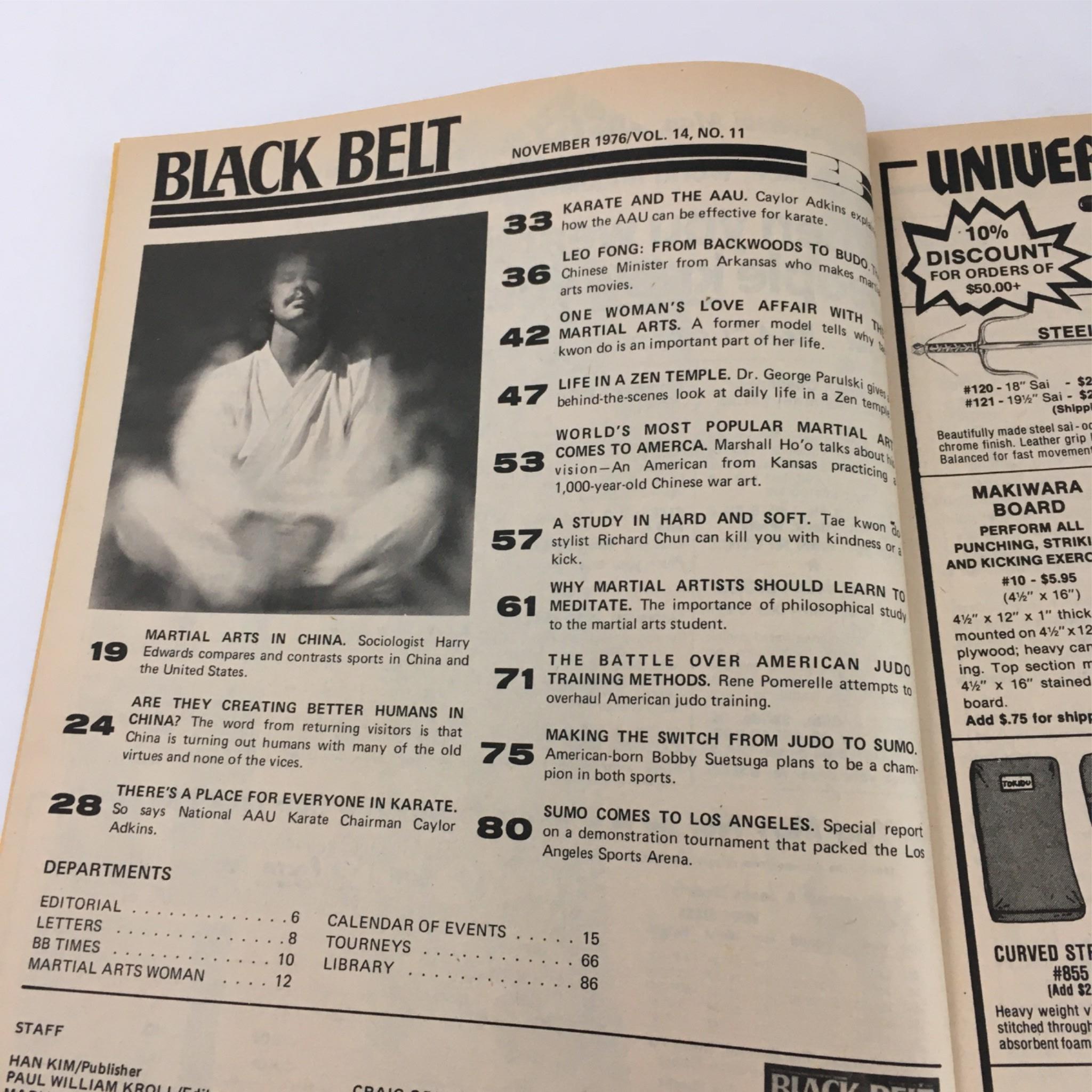 Inside spread of Black Belt Magazine, November 1976, detailing various articles on martial arts, including profiles and insights on prominent figures such as Richard Chun and Leo Fong, along with training methodologies.
