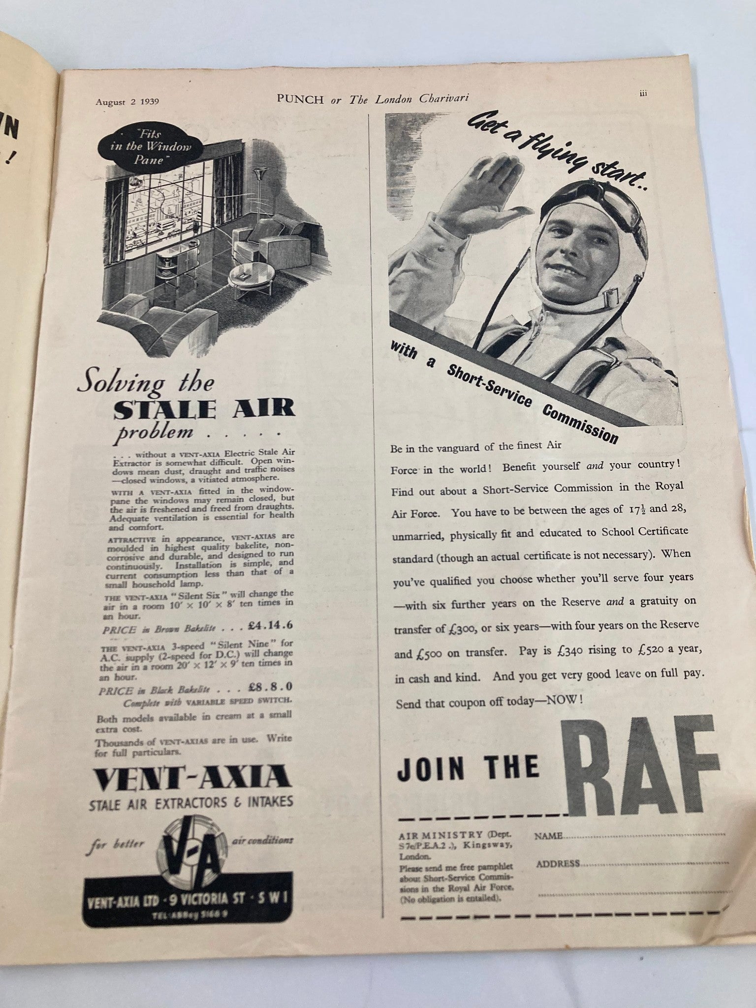 Interior advertisement illustration from VTG Punch Magazine August 2 1939 #5130 Vol 197 showcasing a humorous take on home air circulation solutions.