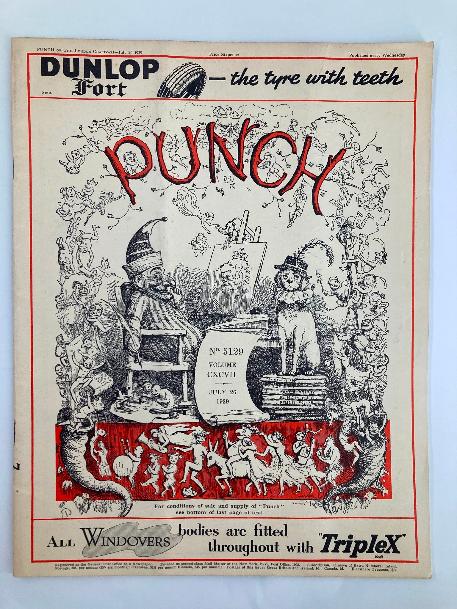 Vintage Punch Magazine July 26 1939 #5129 Vol 197 cover, featuring humorous illustrations and cartoons from the WWII era.
