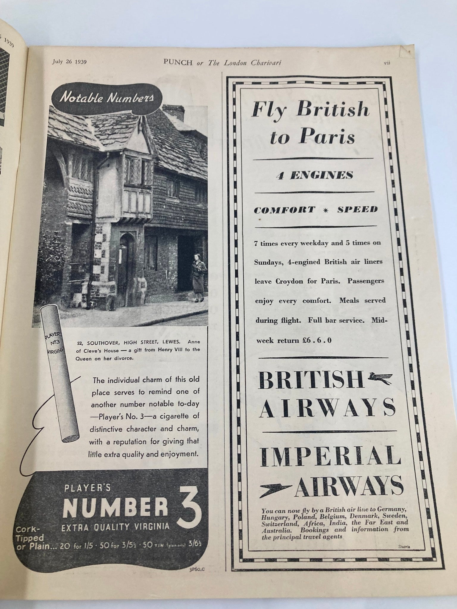 Vintage Punch Magazine July 26 1939, showcasing an advertisement for British Airways with historical context, featuring vintage design elements and notable mentions regarding travel to Paris.