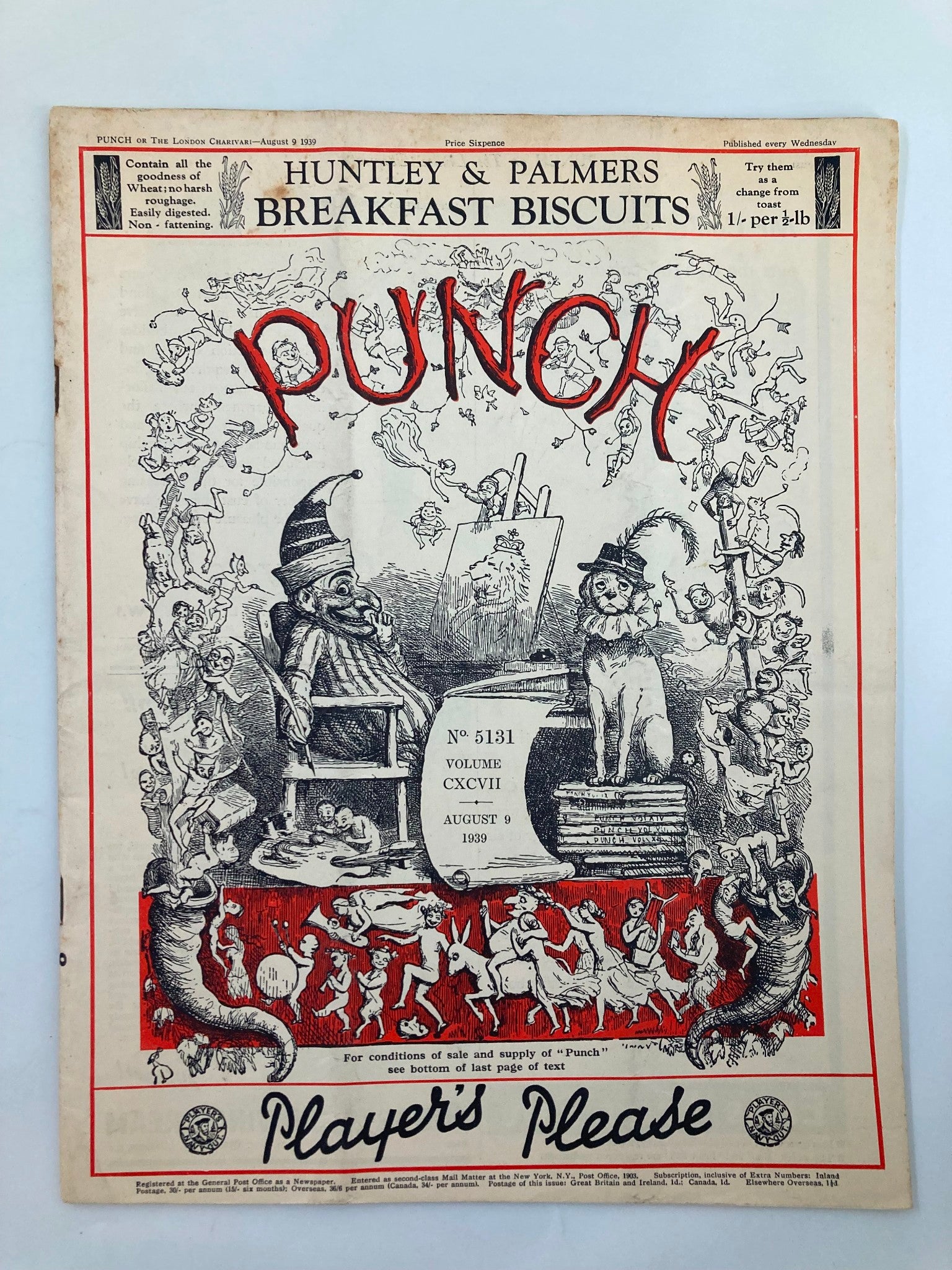Cover of the VTG Punch Magazine August 9 1939 #5131 Vol 197 featuring humorous illustrations, advertisements, and a title emphasizing the magazine's comedic heritage.