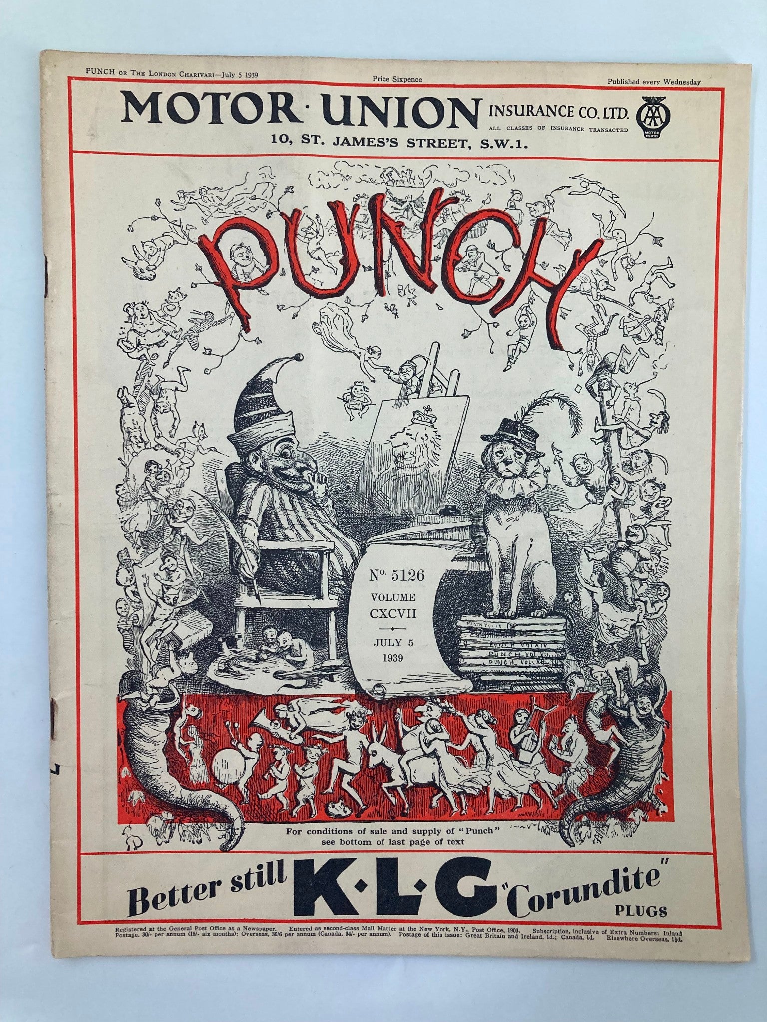 Cover of the VTG Punch Magazine dated July 5, 1939, issue number 5126, featuring humorous WWII-themed illustrations and cartoons, perfect for collectors of vintage publications.