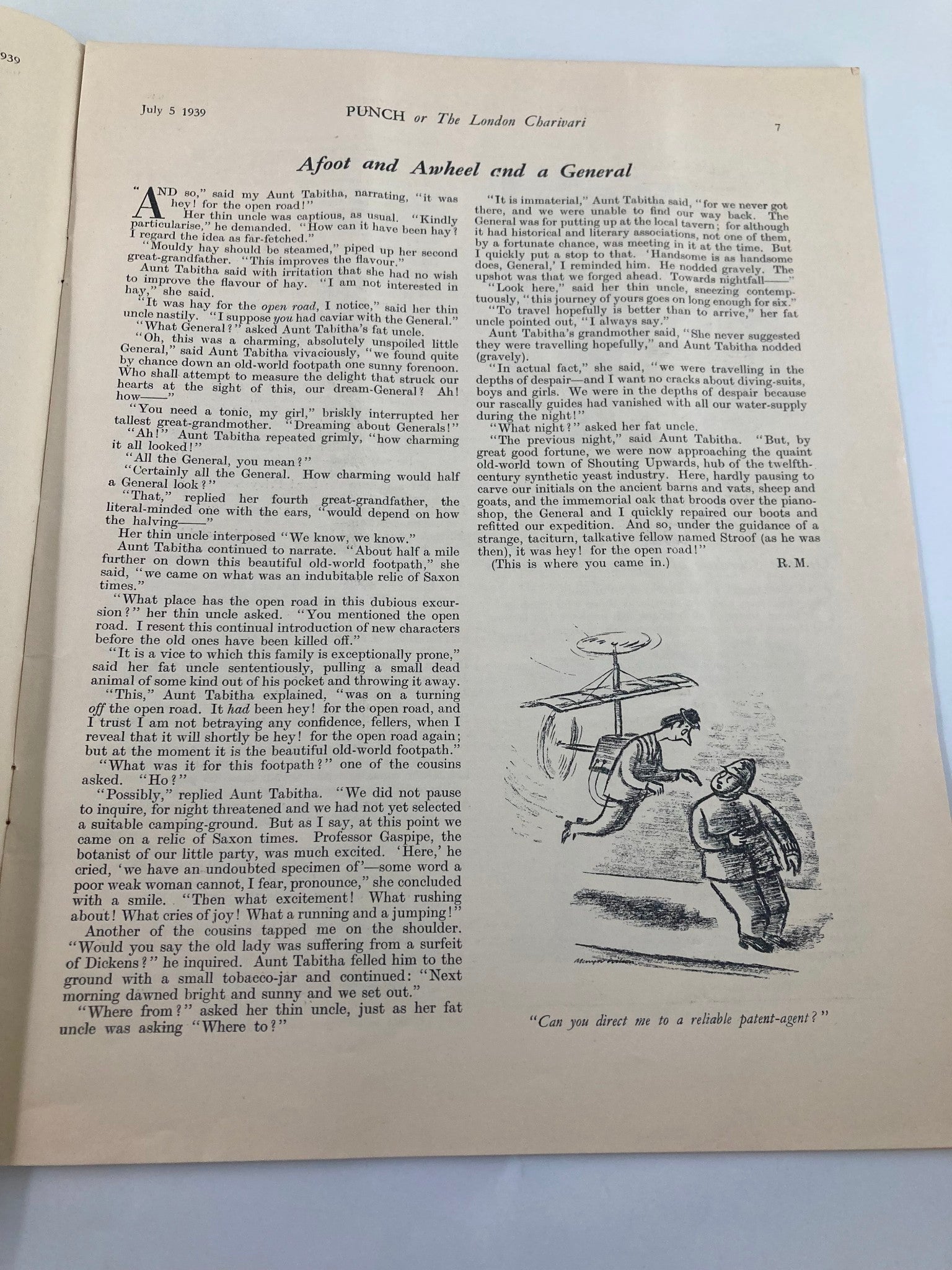 Interior page from VTG Punch Magazine July 5 1939 showcasing a humorous cartoon and text titled 'Afoot and Awheel and a General'. This vintage magazine highlights WWII-themed humor and satirical commentary reflective of the late 1930s.