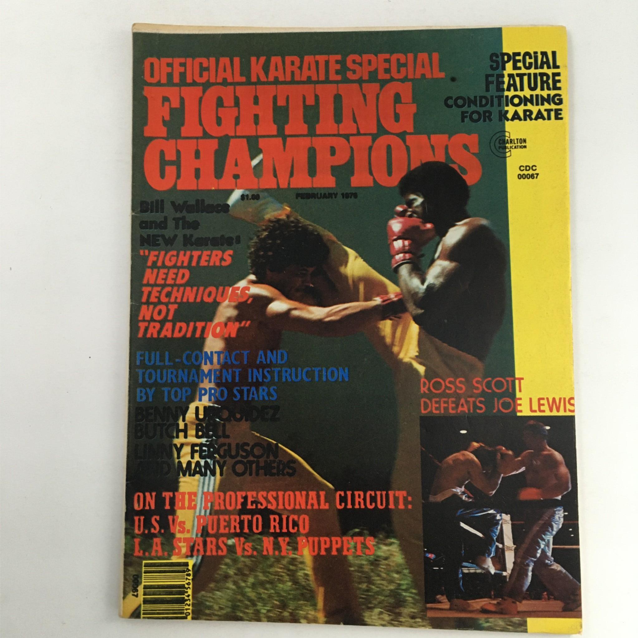Official Karate Special Magazine February 1976 cover featuring Benny Urquidez and highlights from the issue including 'Fighters Need Techniques, Not Tradition' and a focus on full-contact instruction.