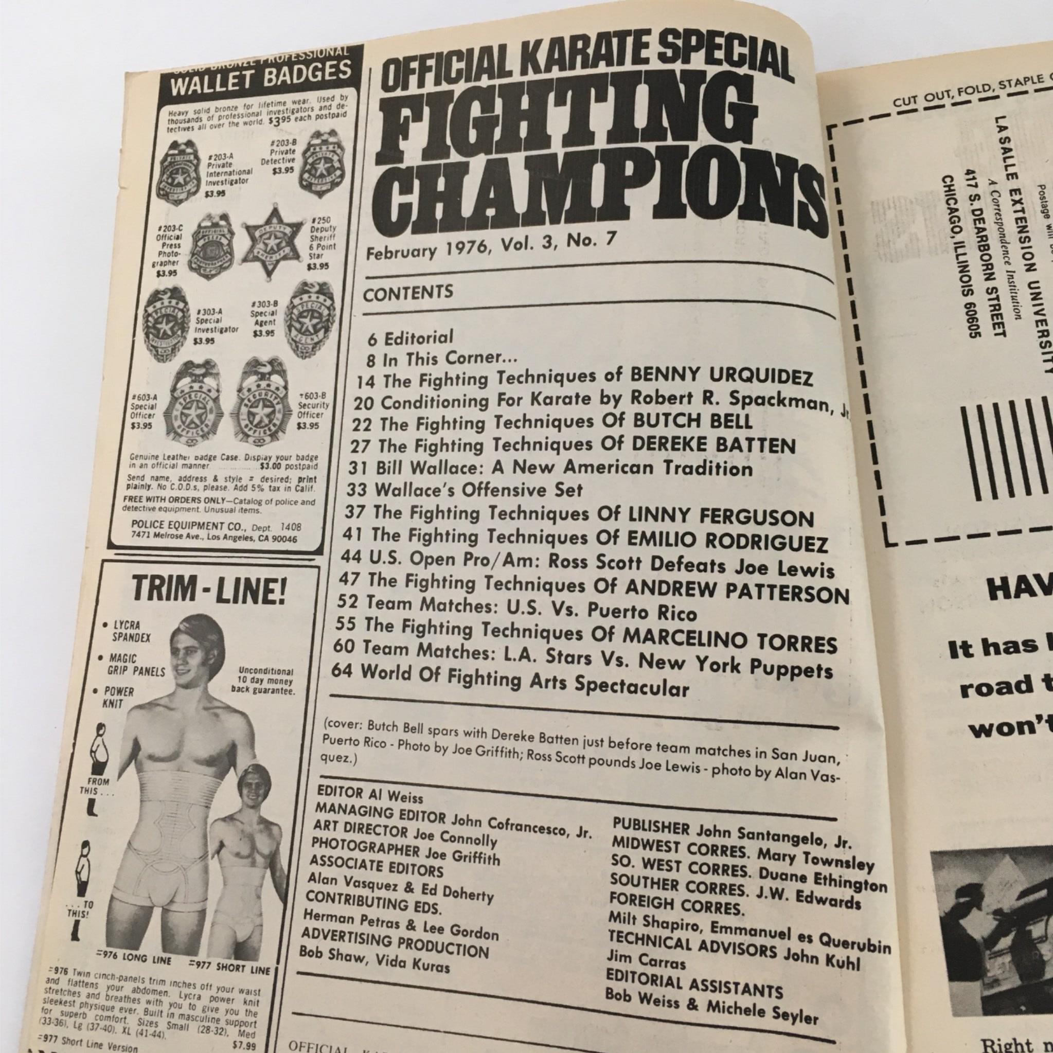 Inside of Official Karate Special Magazine February 1976 showcasing the table of contents with detailed articles on fighting techniques, conditioning for karate, and notable fighters including Benny Urquidez.