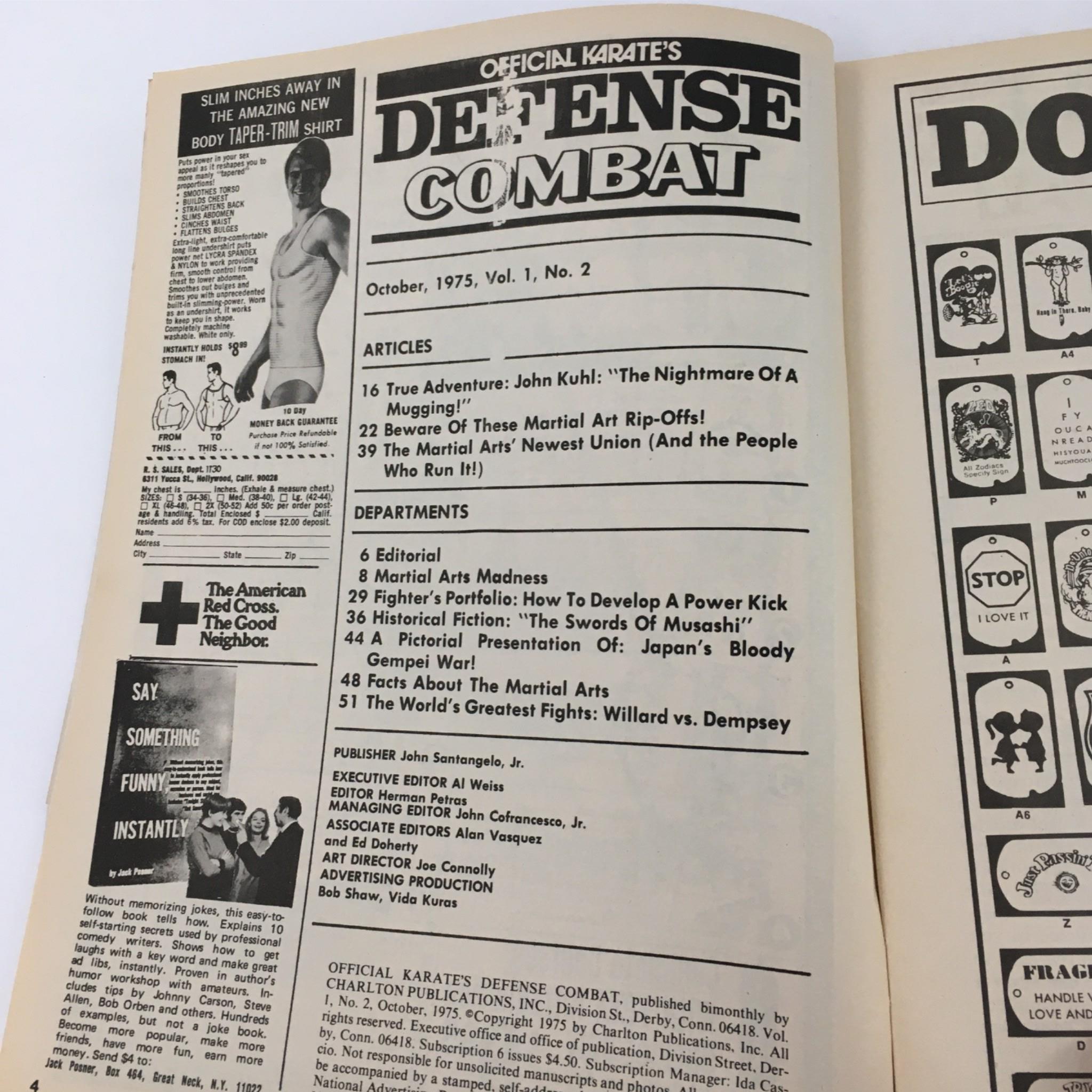 Interior page of Official Karate's Defense Combat Magazine from October 1975, listing articles including 'John Kuhl: The Nightmare of a Mugging' and 'How to Develop a Powerful Kick'.