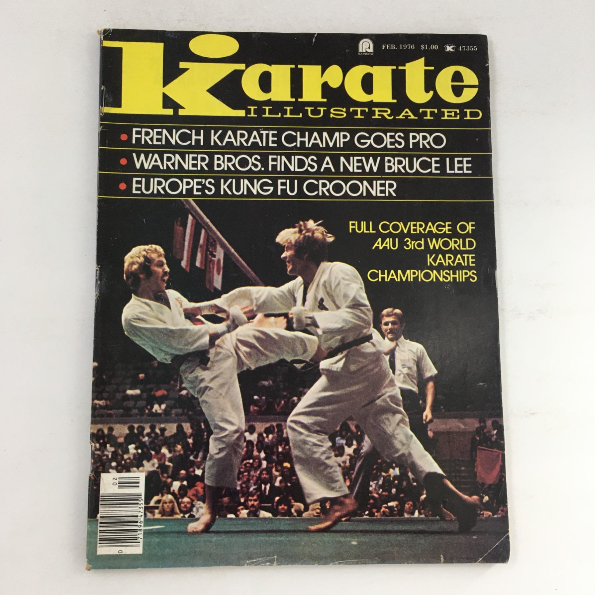Cover of Karate Illustrated Magazine February 1976 featuring a photograph of karate competitors in action. Title prominently displayed as 'Karate Illustrated Magazine February 1976 Alex Kwon, Andy Crowe No Label'.