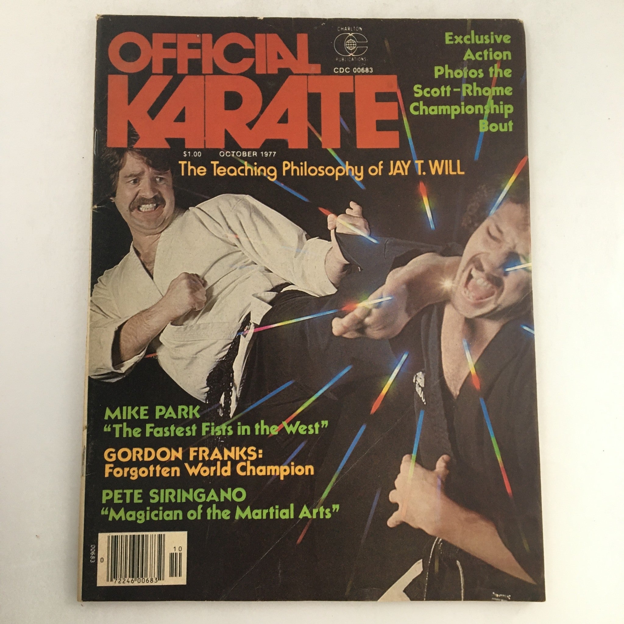 Cover of Official Karate Magazine October 1977 Vol 9 #71 featuring martial artist Jay T. demonstrating a roundhouse kick, showcasing a vibrant design and notable articles.