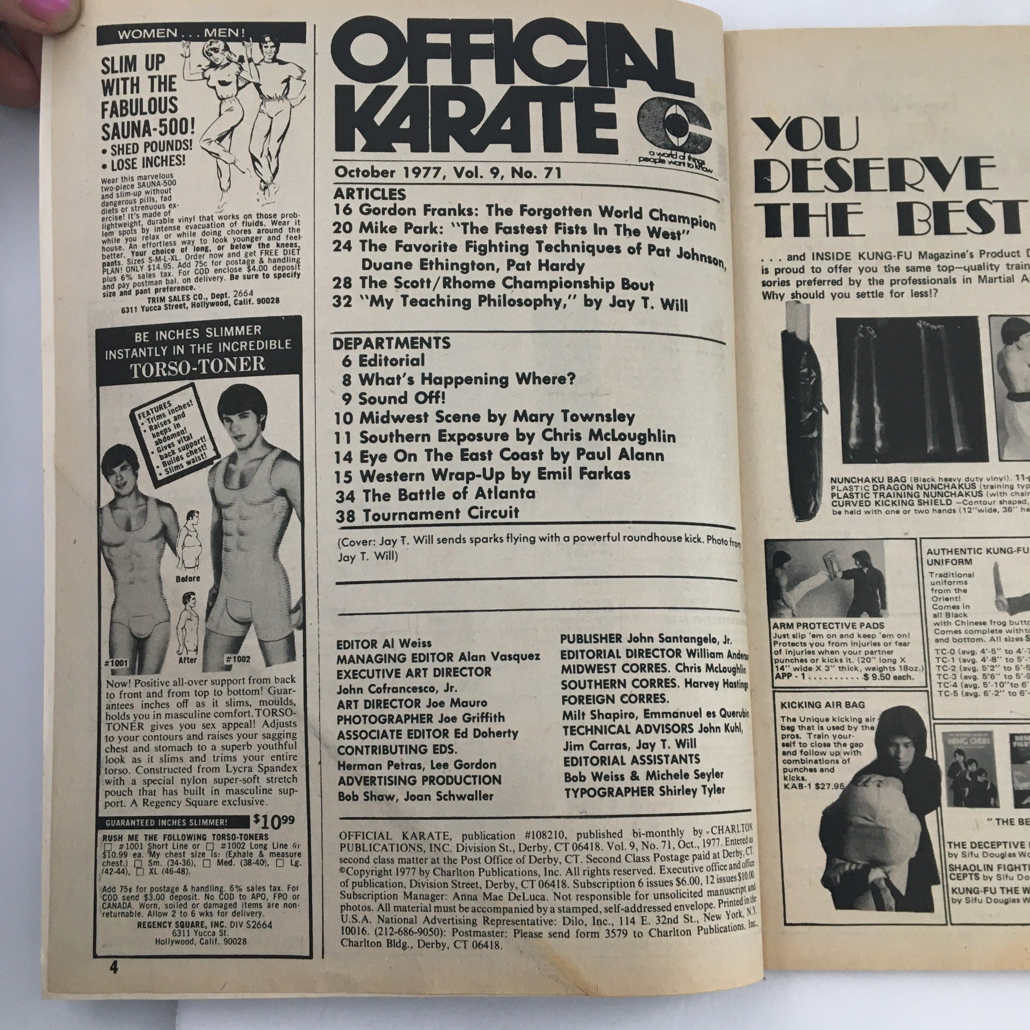 Interior page of Official Karate Magazine October 1977 Vol 9 #71 displaying article listings and advertisements reflective of the martial arts culture of the late 1970s.