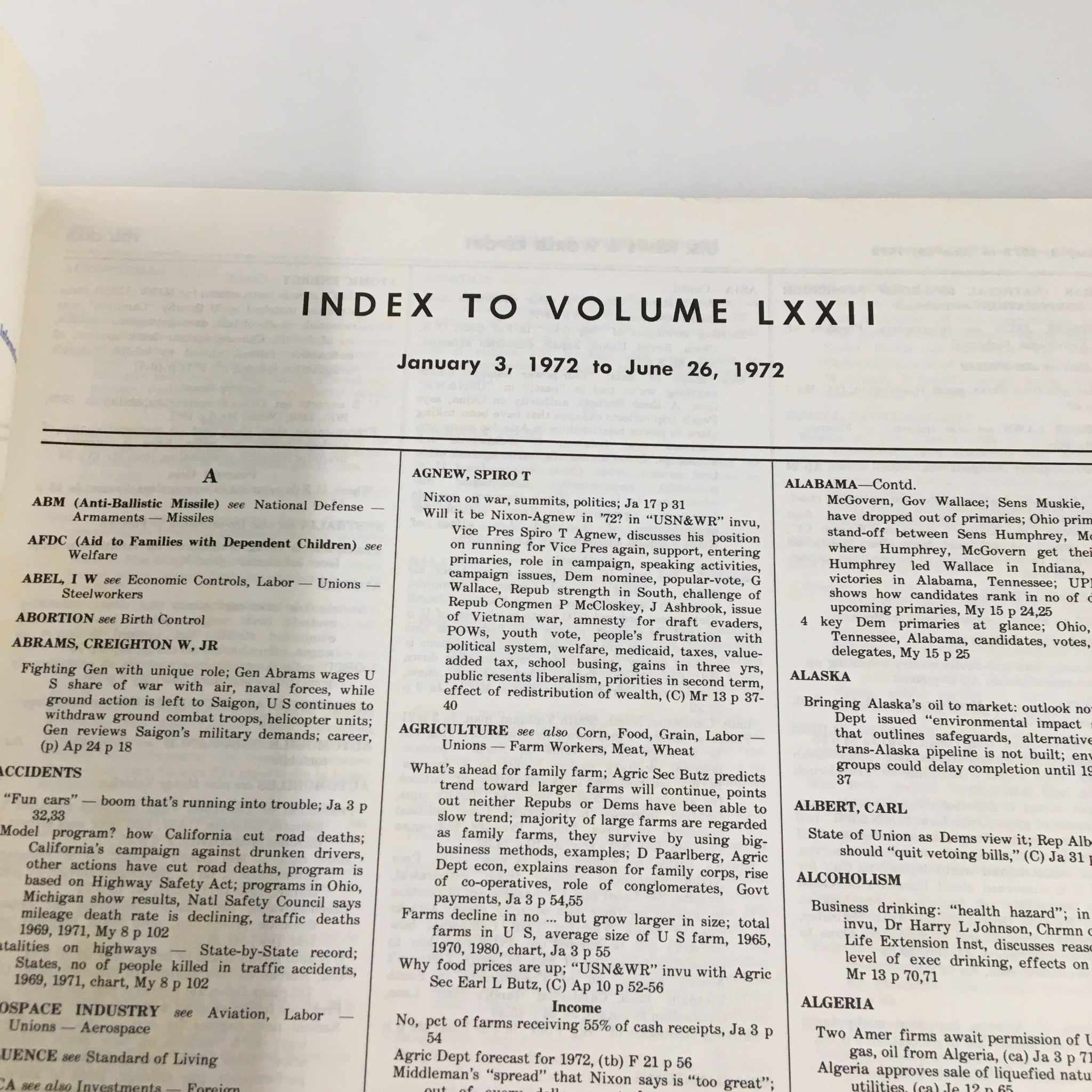 Index page from US News & World Report Magazine dated January 3, 1972, showcasing articles and topics from Volume LXXII, including political insights, economic trends, and cultural commentary.