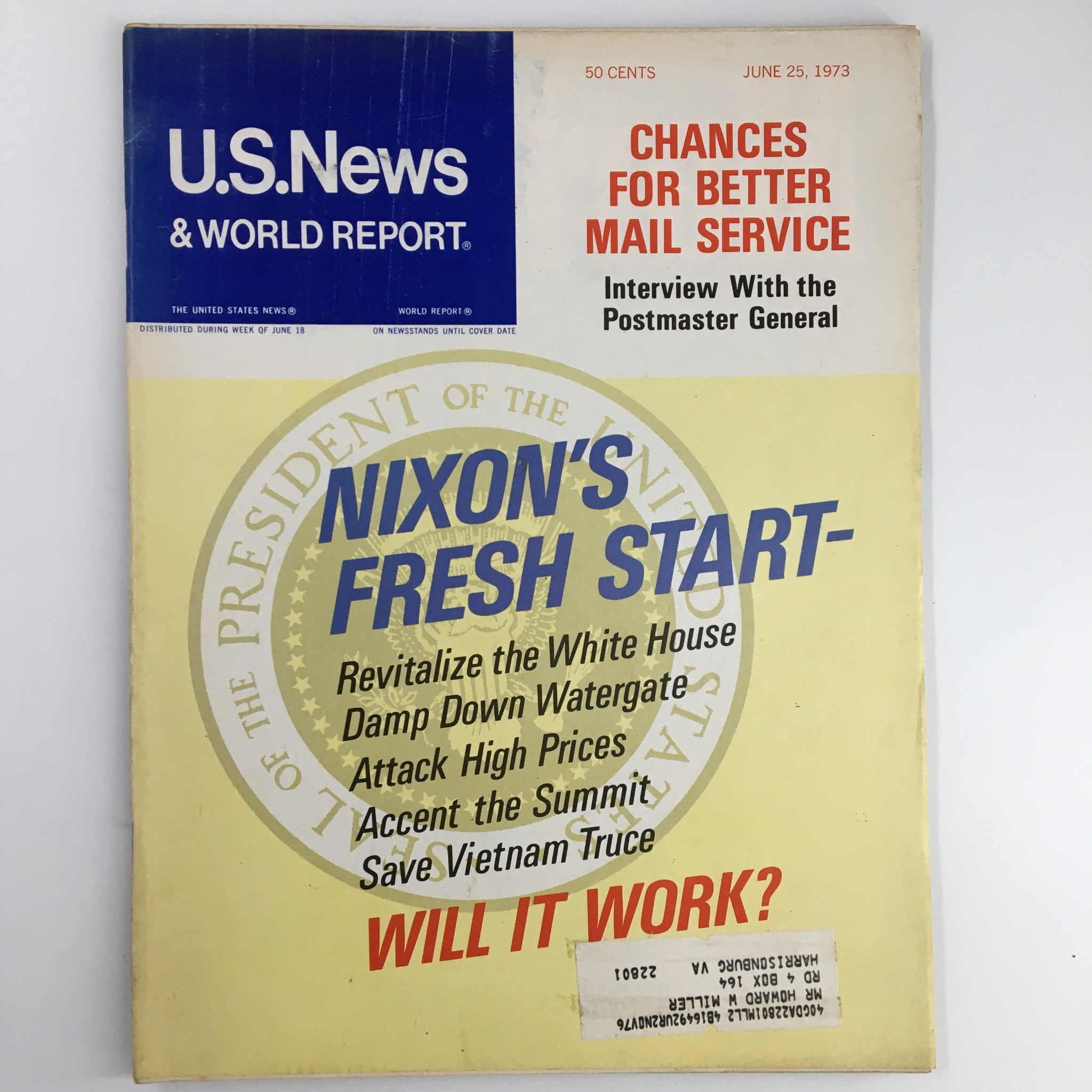 US News & World Report magazine cover from June 25, 1973, featuring the headline 'Nixon's Fresh Start' highlighting political themes such as revitalizing the White House, Watergate, and Vietnam.