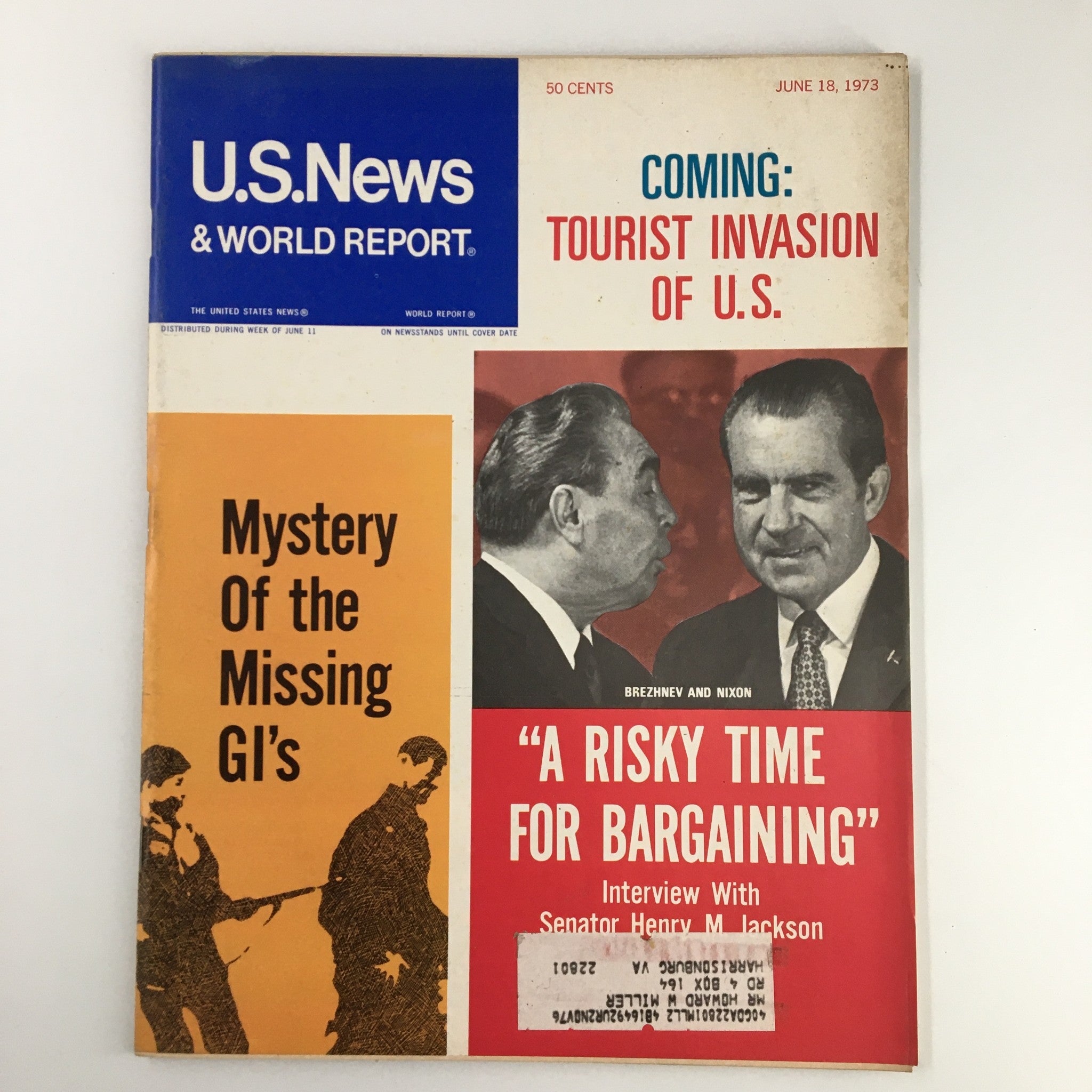 Cover of US News & World Report Magazine dated June 18, 1973, featuring Leonid Brezhnev and Richard Nixon, with articles on U.S.-Soviet relations and tourist invasion.