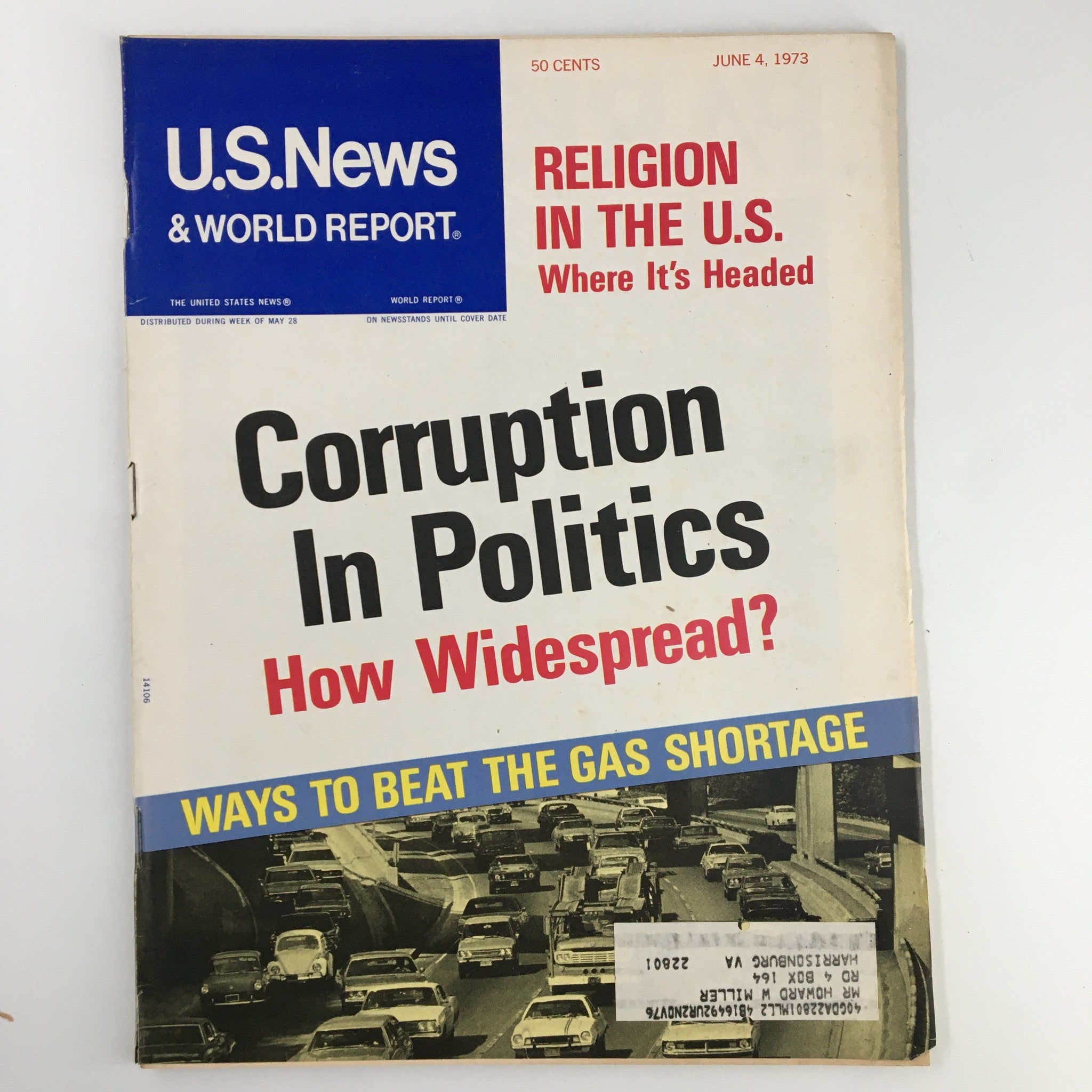 US News & World Report Magazine June 4, 1973, cover featuring the headline 'Corruption In Politics: How Widespread?' along with a visual that includes cars in traffic and a note about beating the gas shortage.