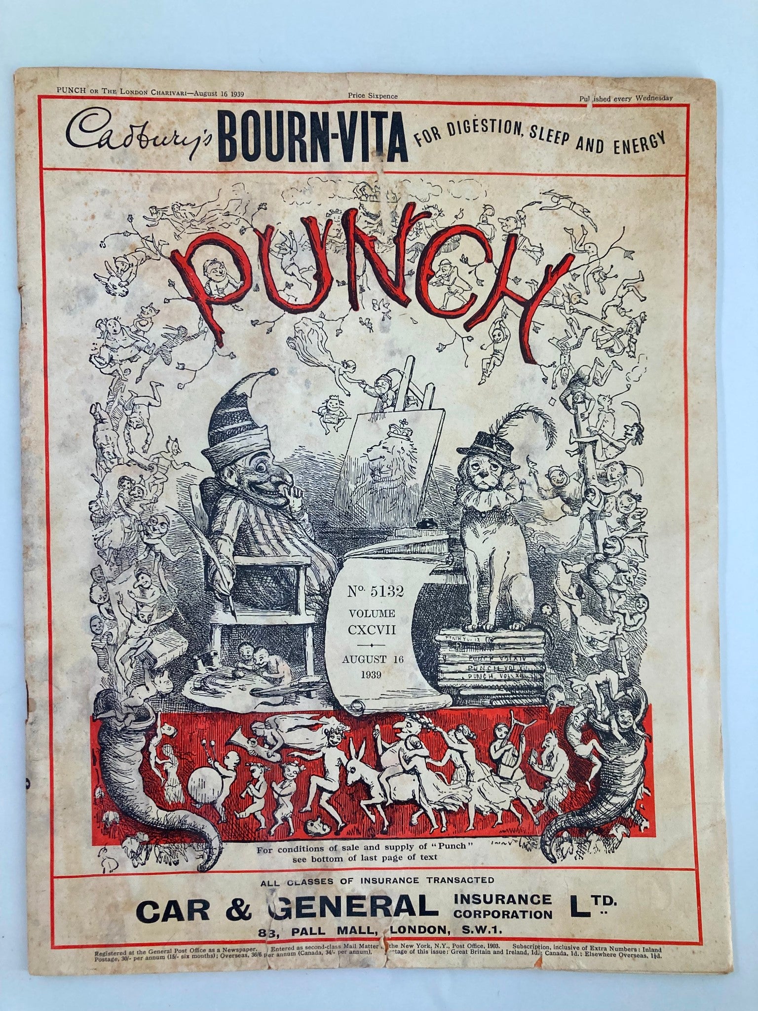 VTG Punch Magazine August 16 1939 #5132 Vol 197 cover featuring humorous illustrations and cartoons related to World War II.
