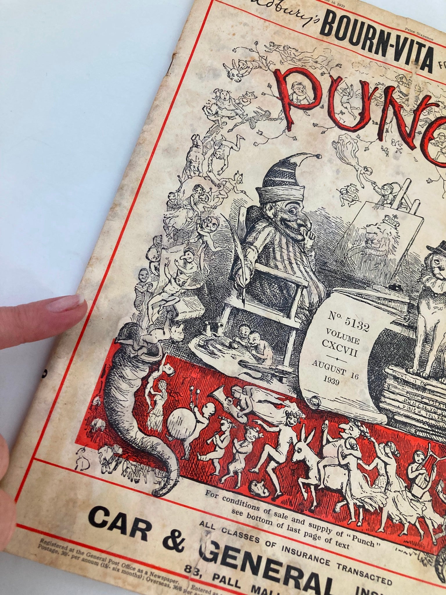 VTG Punch Magazine August 16 1939 #5132 Vol 197 close-up of the cover showing humorous characters and artwork reflecting the era's sentiments.
