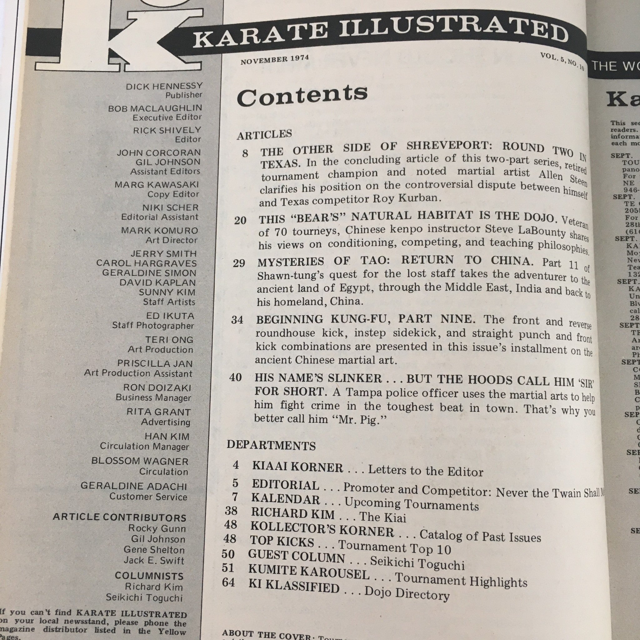 Contents page of Karate Illustrated Magazine November 1974, Volume 5, Number 10, listing articles including Allen Steen's views on karate.