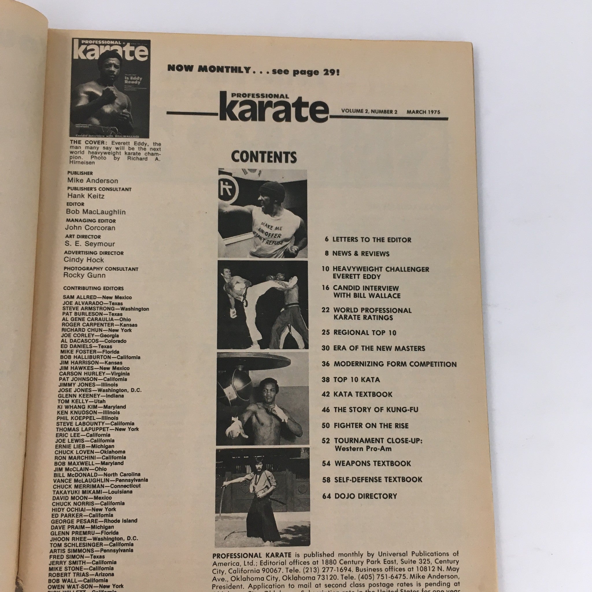 Table of contents page from Professional Karate Magazine March 1975 Vol 2 #2, detailing featured articles and contributors in the issue.