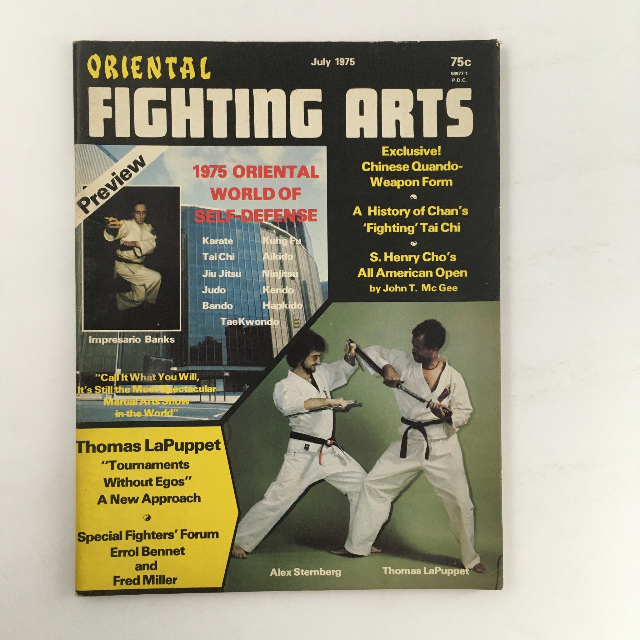 Cover of Oriental Fighting Arts Magazine, July 1975, Volume 2, Issue #1 featuring articles by Aaron Banks and Alex Sternberg, highlighting martial arts techniques and self-defense methods.