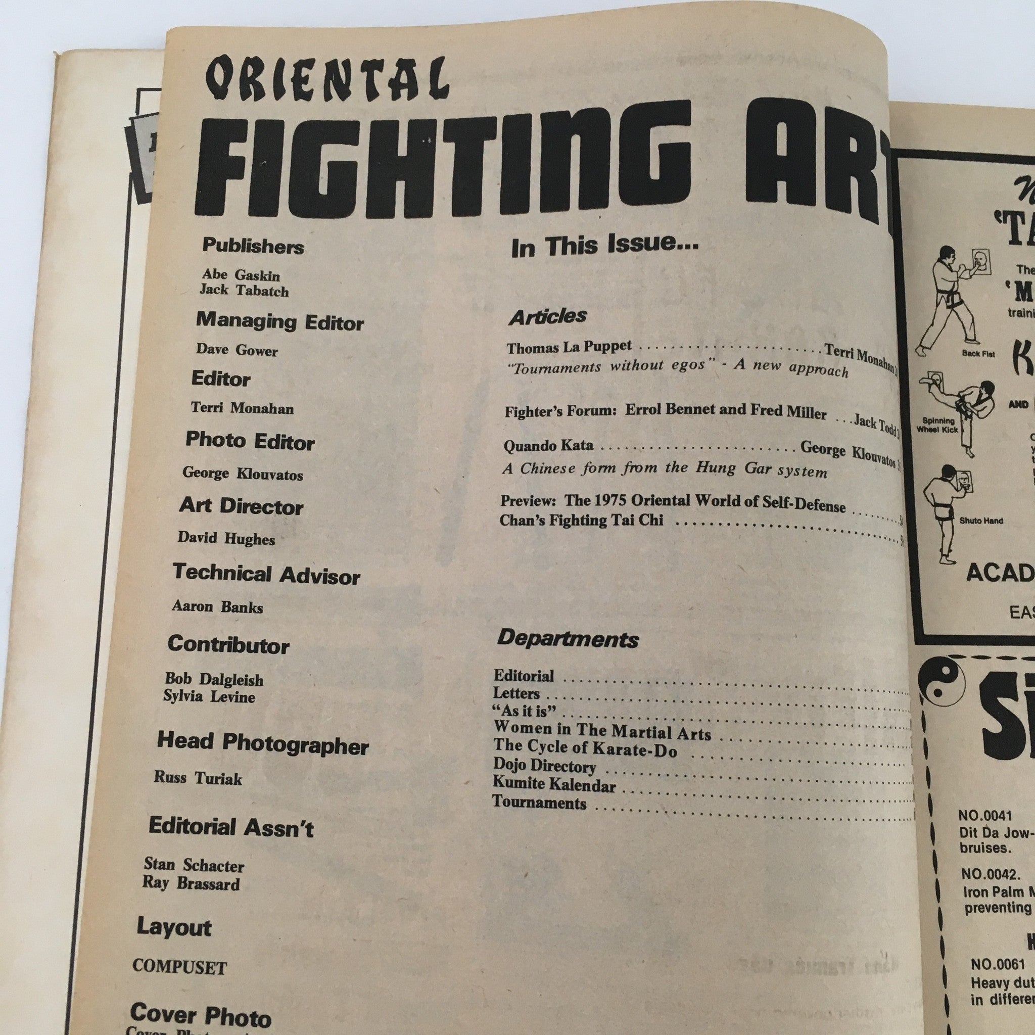 Inside page of Oriental Fighting Arts Magazine, July 1975, showcasing the table of contents, including key articles and contributors related to martial arts.