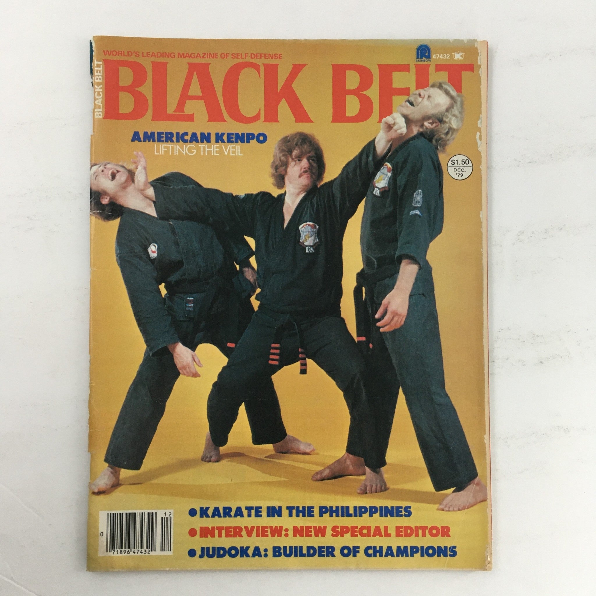Cover of Black Belt Magazine December 1979 Vol 17 #12 featuring American Kenpo and three martial artists in black uniforms.