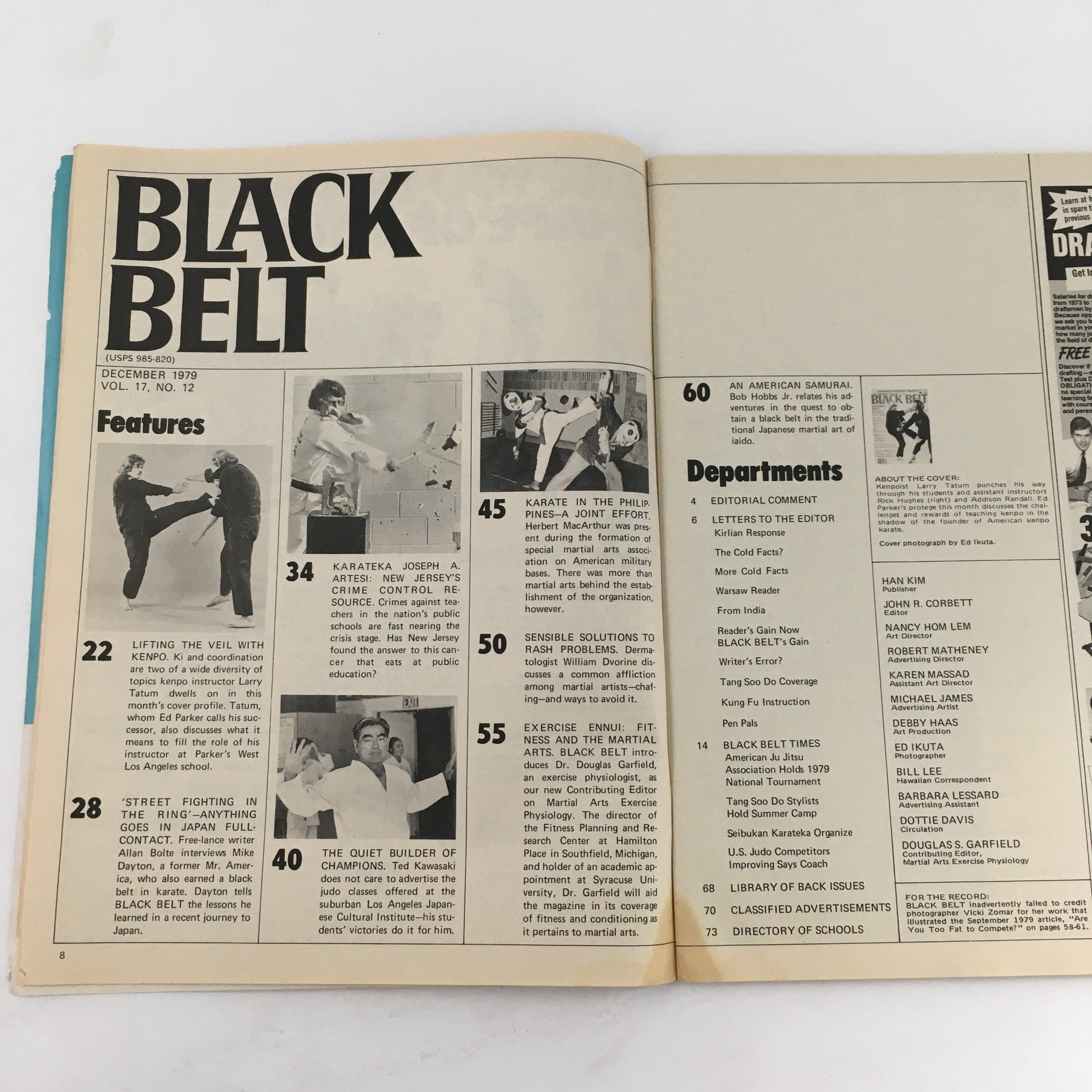 Interior page of Black Belt Magazine December 1979 Vol 17 #12 displaying the table of contents and featured articles including karate and martial arts techniques.