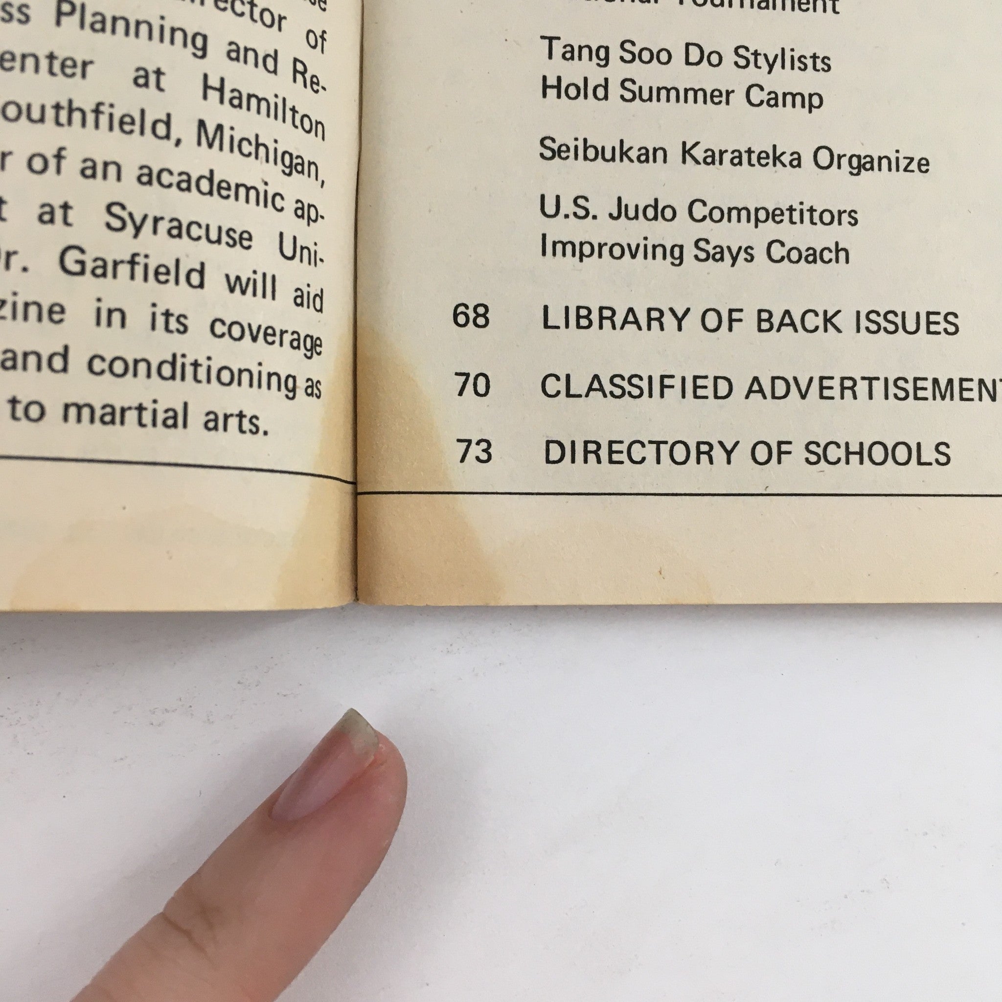 Interior page of Black Belt Magazine December 1979 Vol 17 #12 displaying table of contents including topics like 'Library of Back Issues' and 'Directory of Schools'.