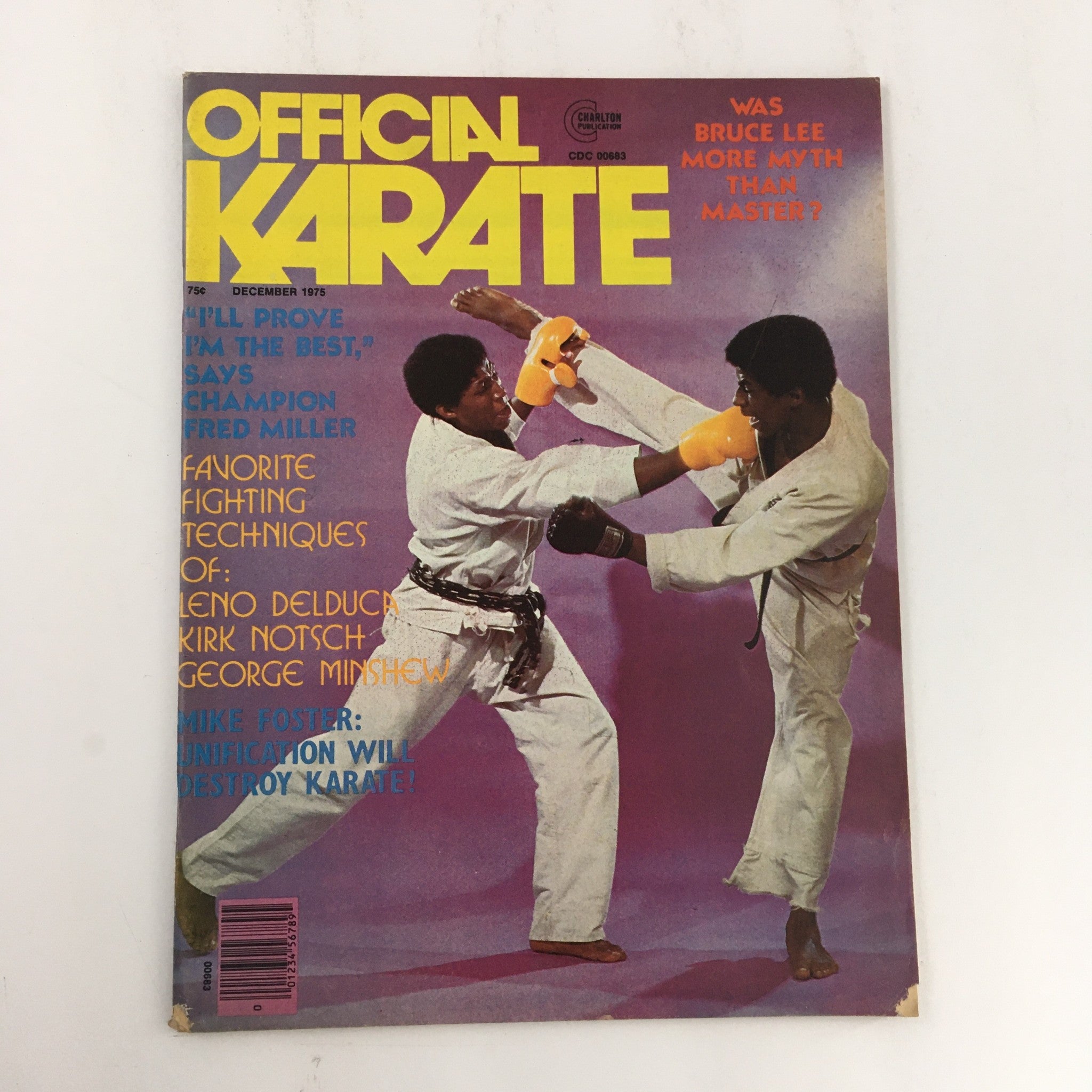 Official Karate Magazine December 1975, Volume 7, Issue 54 featuring a cover illustration showing two karate practitioners in action with the text 'I'll Prove I'm the Best' by champion Fred Miller.