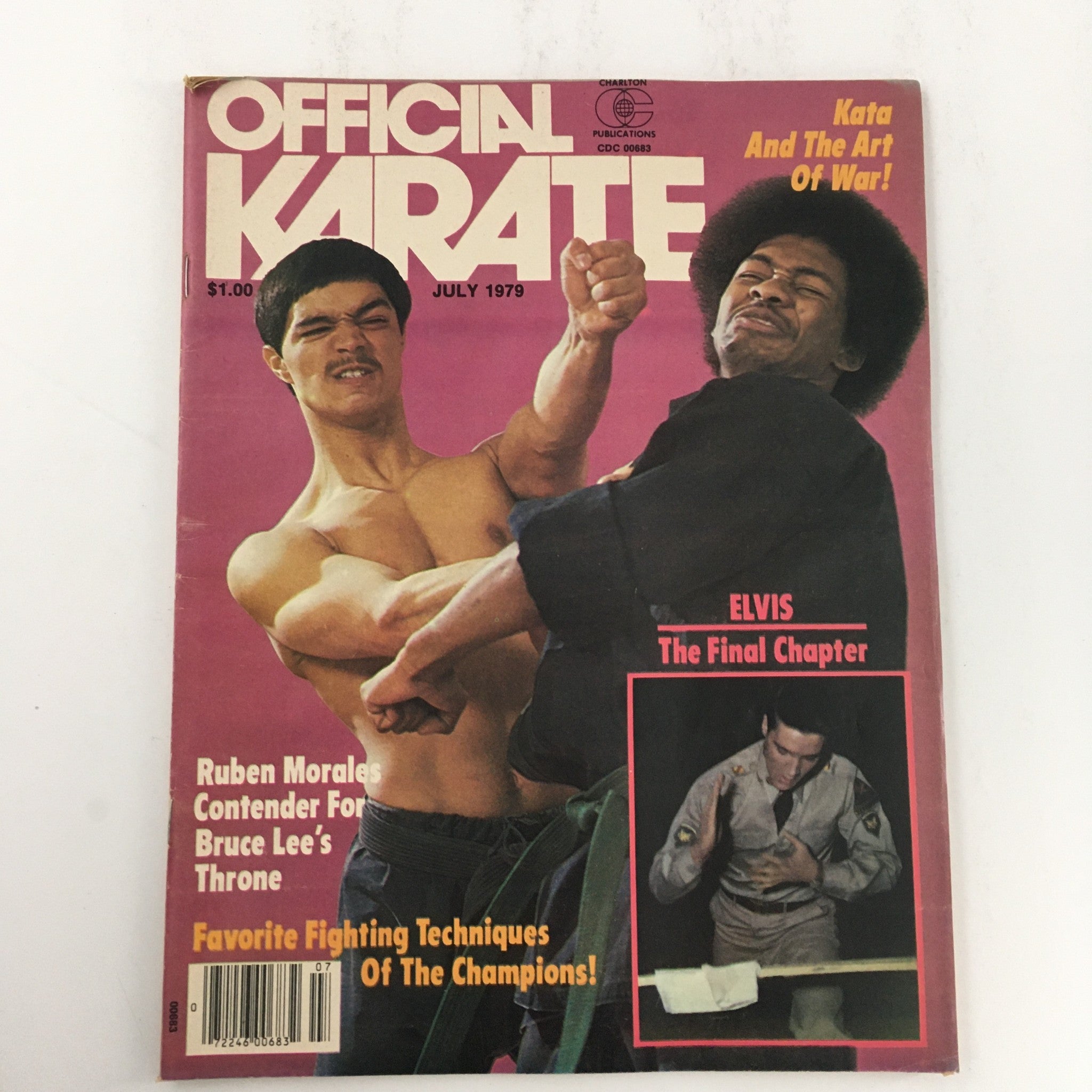 Official Karate Magazine July 1979 Cover featuring Ruben Morales and Elvis Presley, showcasing martial arts techniques and cultural insights.