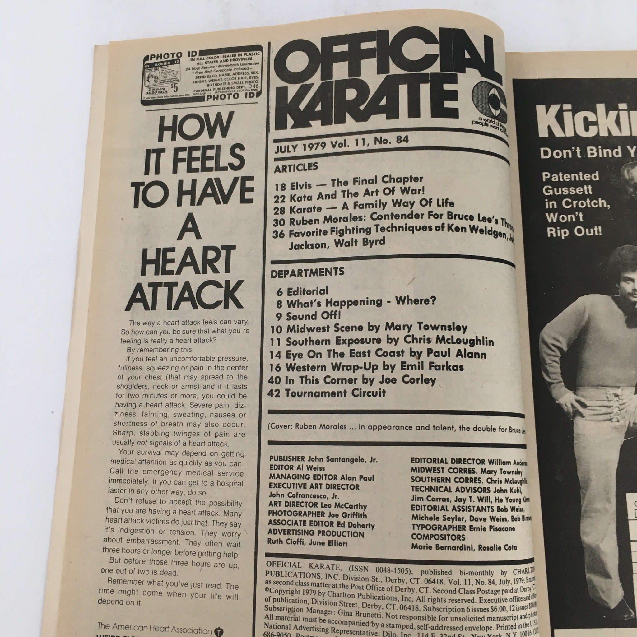 Inside page of Official Karate Magazine July 1979, featuring articles and content index, highlighting Elvis Presley and karate discussions.