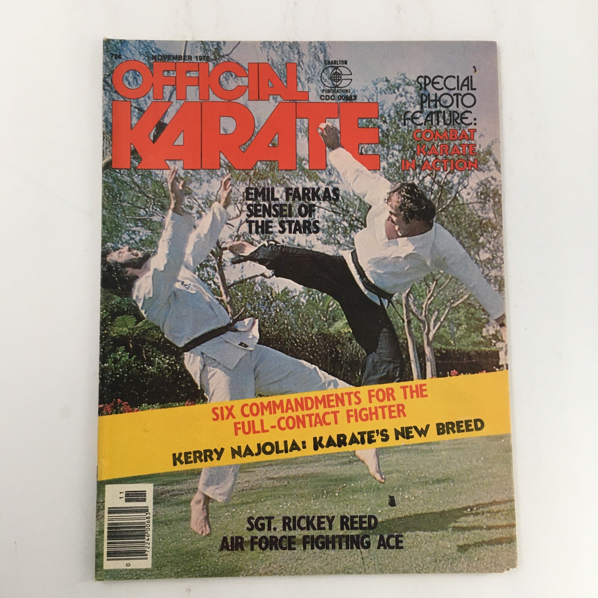 Cover of Official Karate Magazine November 1976 showcasing Emil Farkas and Sgt. Rickey Reed in action, highlighting martial arts techniques and culture.