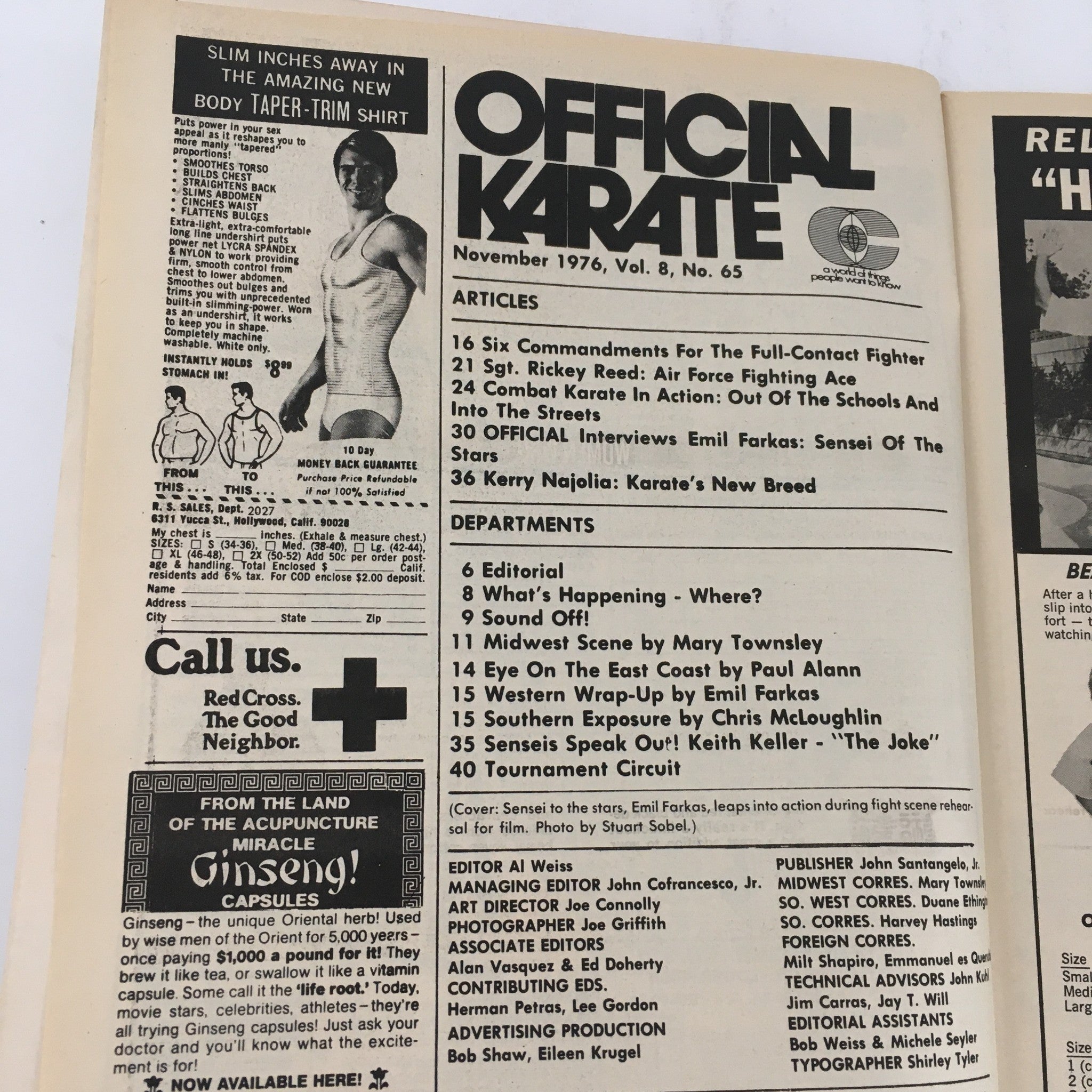 Inside pages of Official Karate Magazine November 1976 featuring articles, editorial content, and insights on karate techniques and martial arts culture.