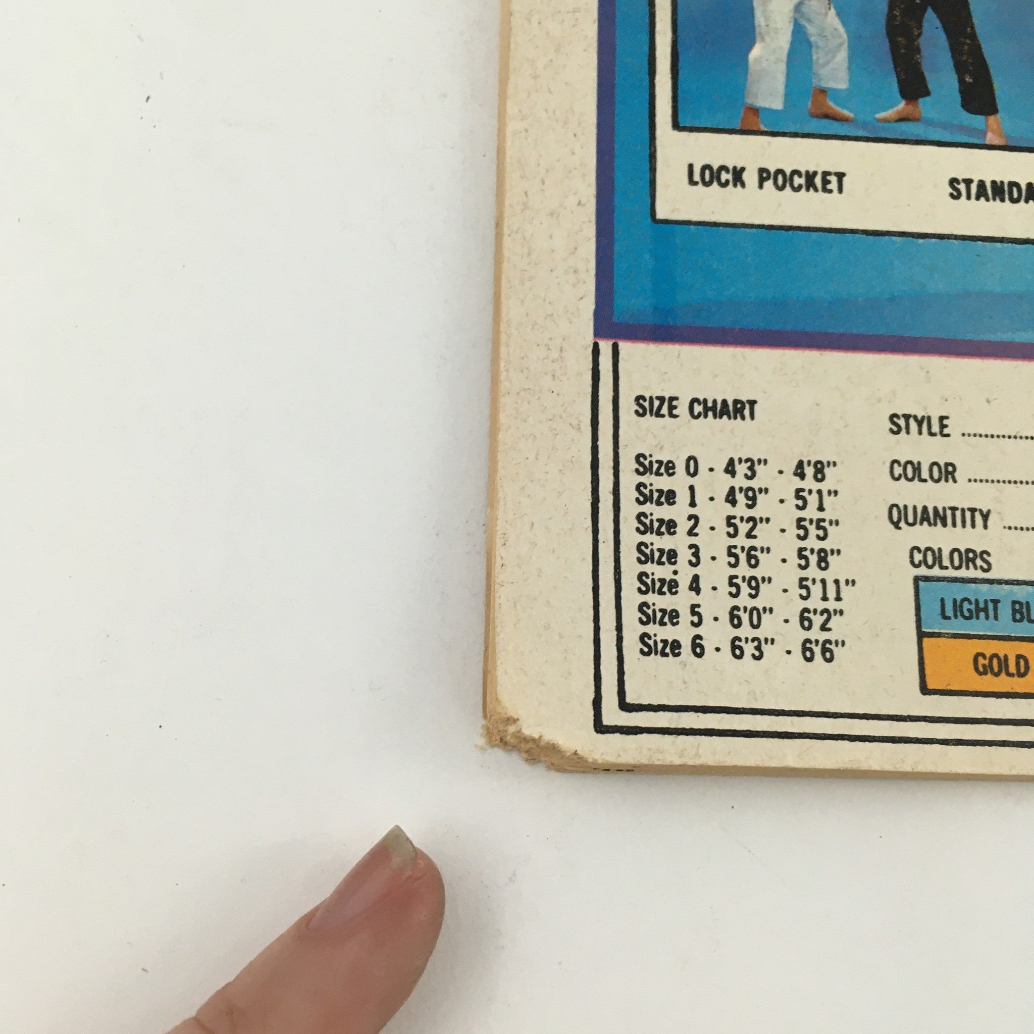 Size chart from the back cover of Official Karate Magazine November 1976 detailing sizes and styles for karate uniforms.