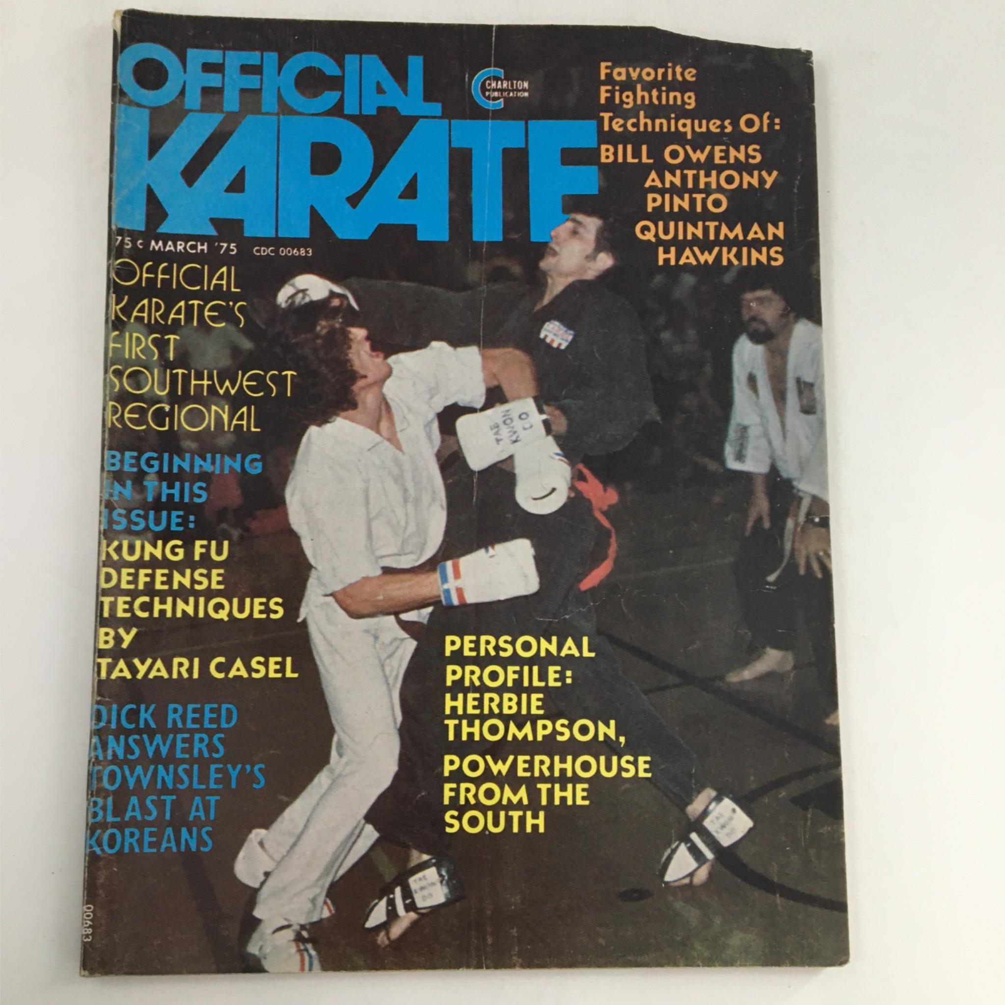Official Karate Magazine March 1975 cover featuring martial artists in action, highlighting personal profile on Herbie Thompson and techniques by Tayari Casel. Perfect for collectors of vintage martial arts publications.