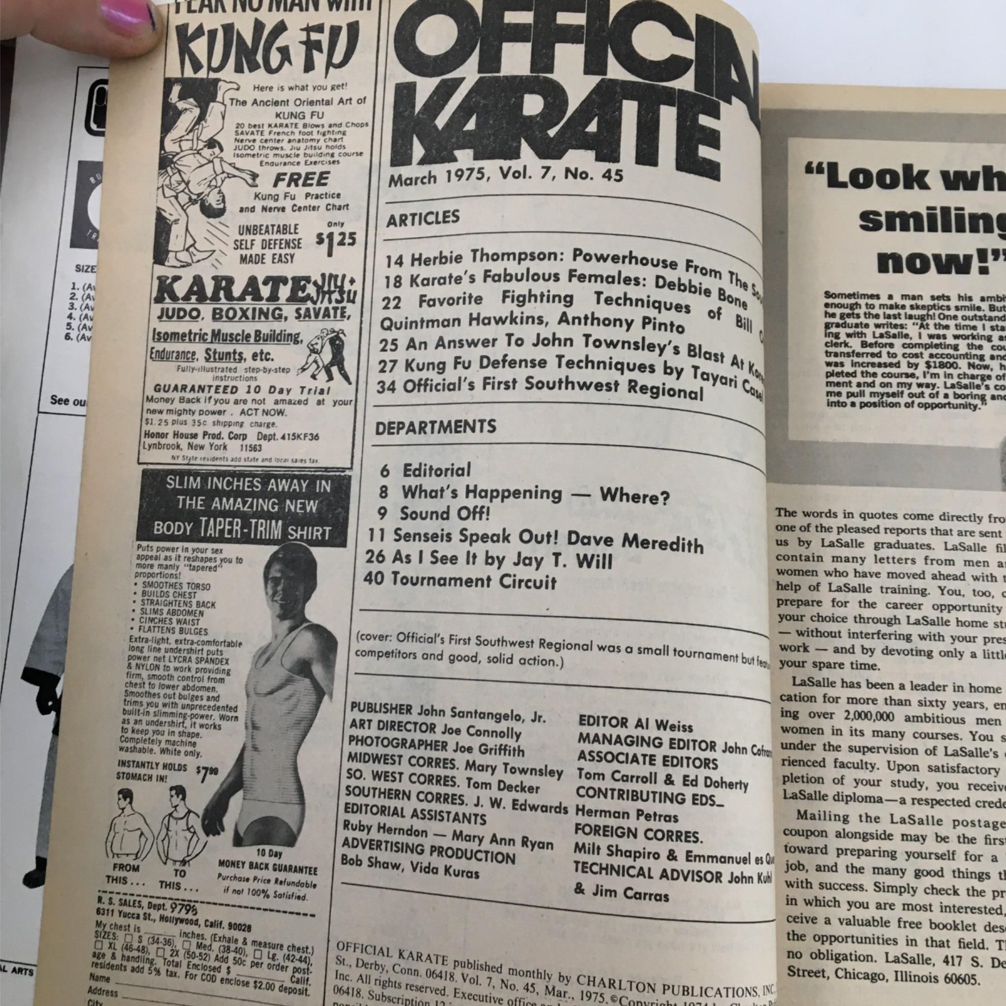 Inside page of Official Karate Magazine March 1975 displaying the table of contents, articles on karate legends, and advertisements including a promotional piece for self-defense training.