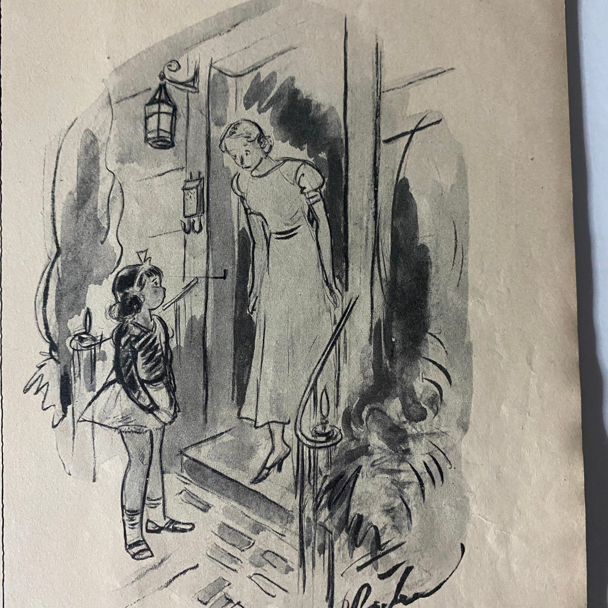 An engaging black-and-white illustration from Life Magazine October 1936, depicting a girl in a striped outfit interacting with a woman in a dress, reflecting the cultural context of the 1930s.