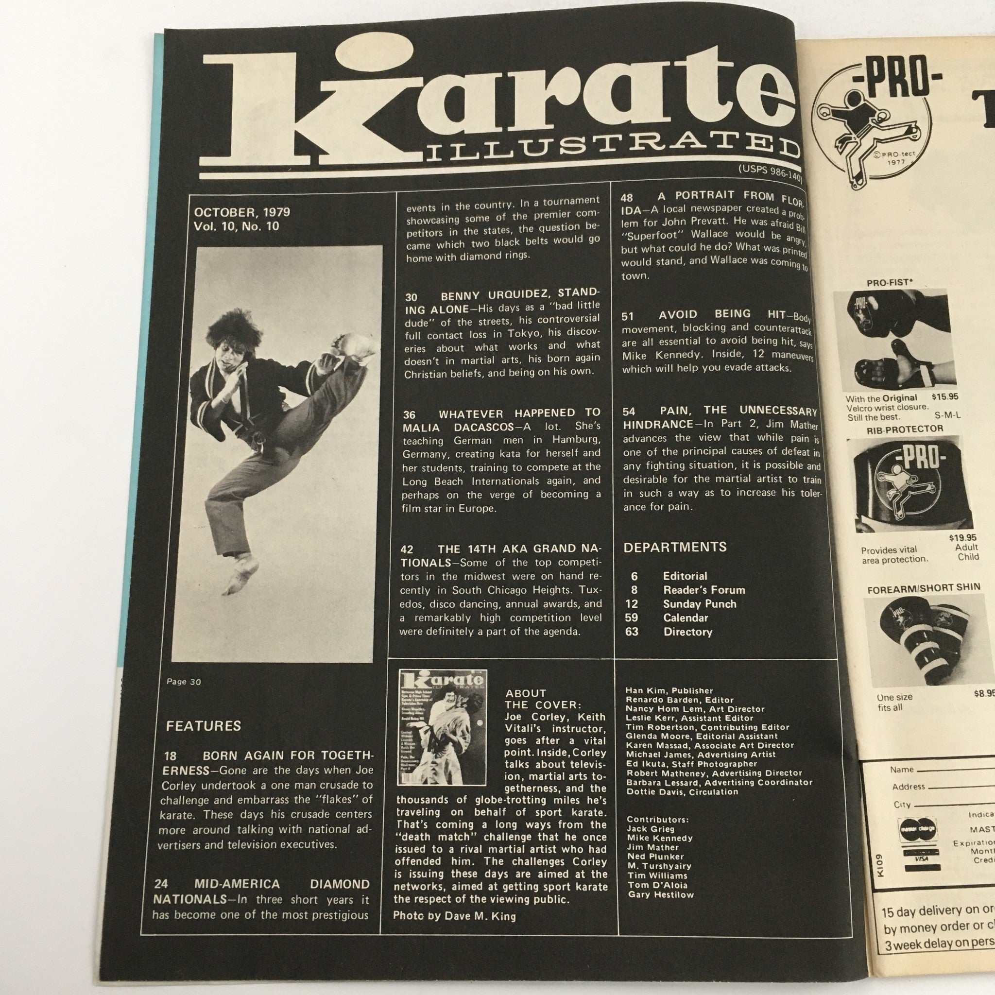 Interior page of Karate Illustrated Magazine October 1979, Vol 10 #10 showcasing articles including 'Benny Urquidez: Standing Alone' and various features from the magazine.