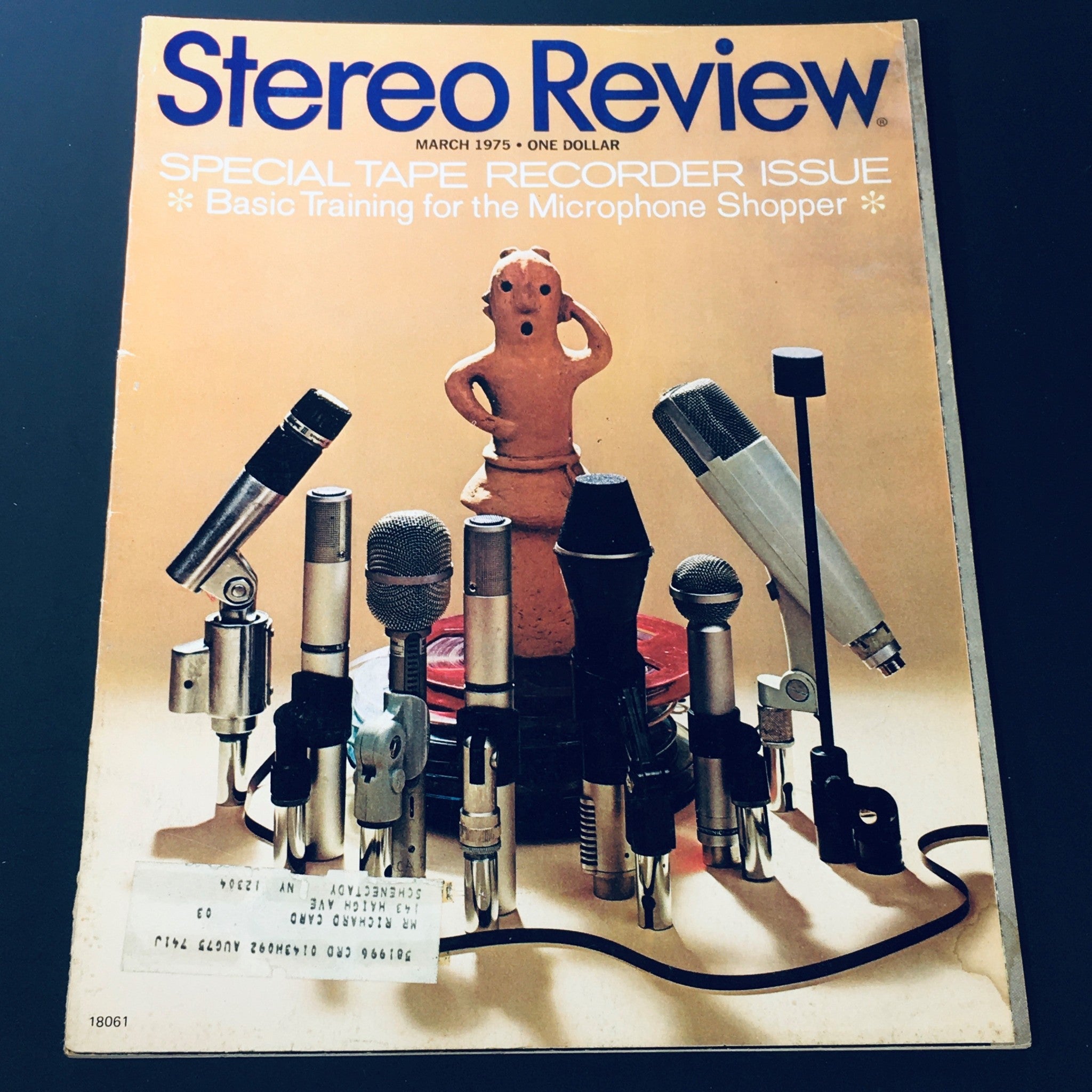 Cover of VTG Stereo Review Magazine, March 1975, featuring microphones and an artistic figure, titled 'Basic Training for Microphone Shopper'.