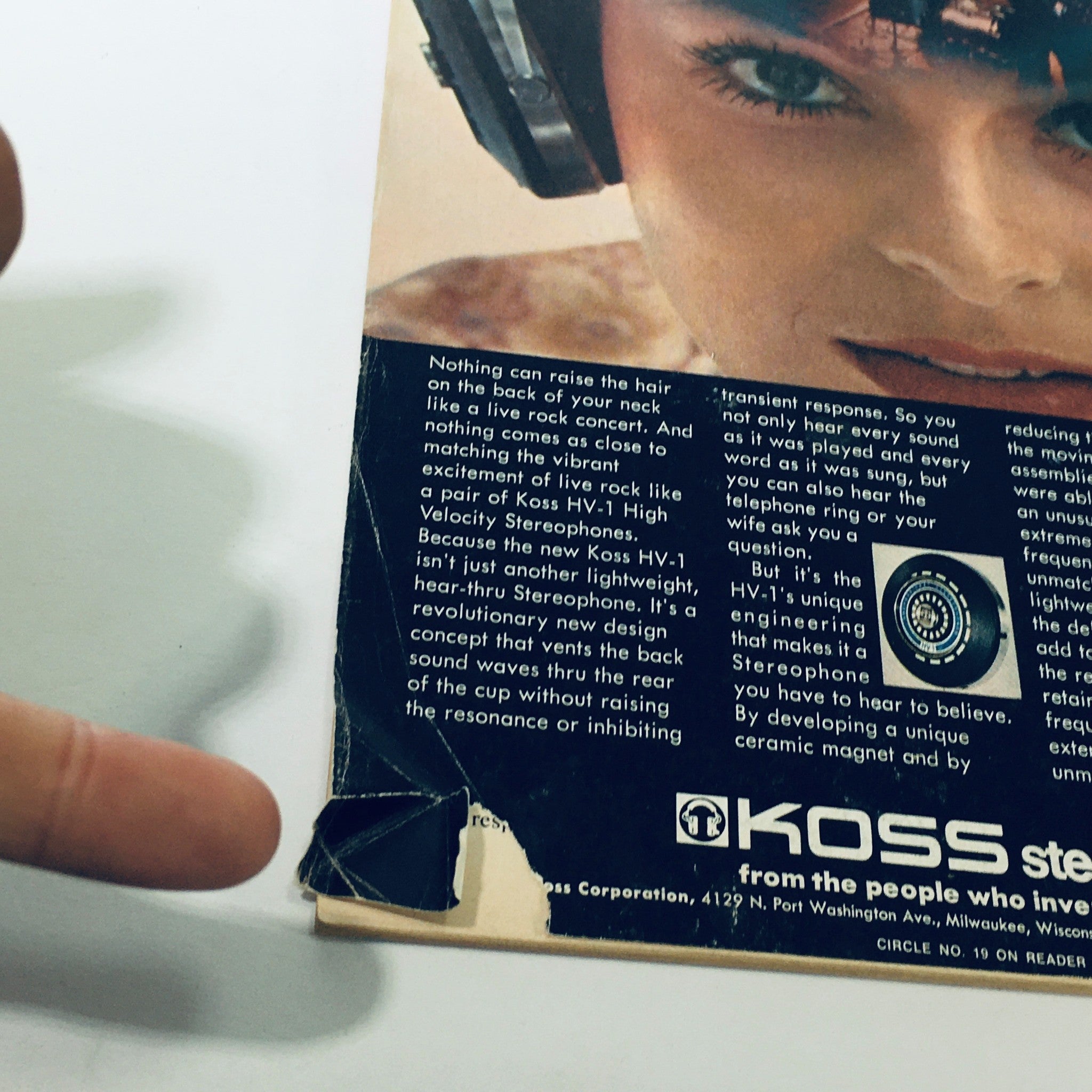 Back cover detail of the Stereo Review Magazine, May 1974, showcasing an advertisement for Koss HV-1 High Velocity Stereophones.