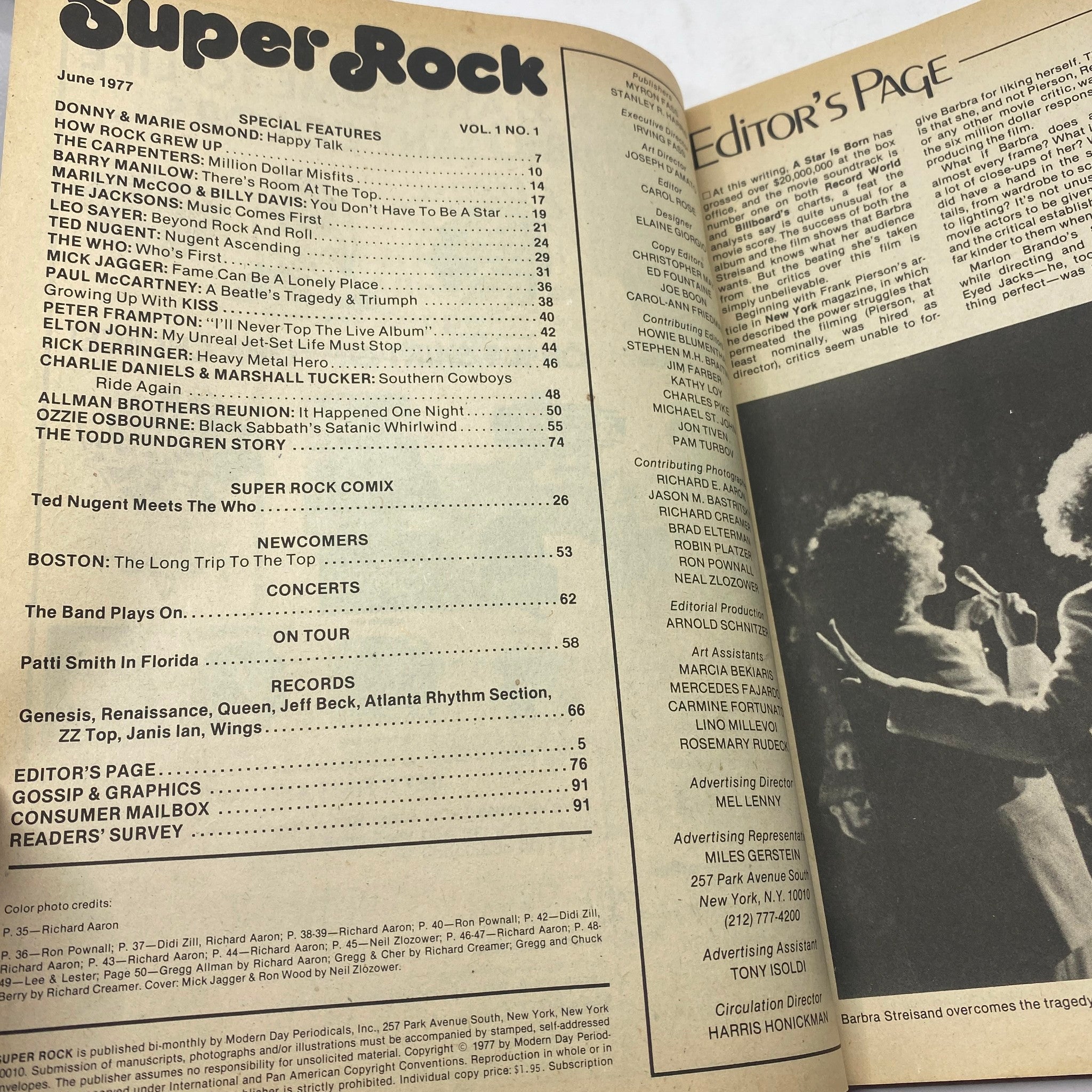 Interior page of VTG Super Rock Magazine June 1977 Vol 1 No. 1 featuring the editor's page and contents list, highlighting notable rock musicians and articles.
