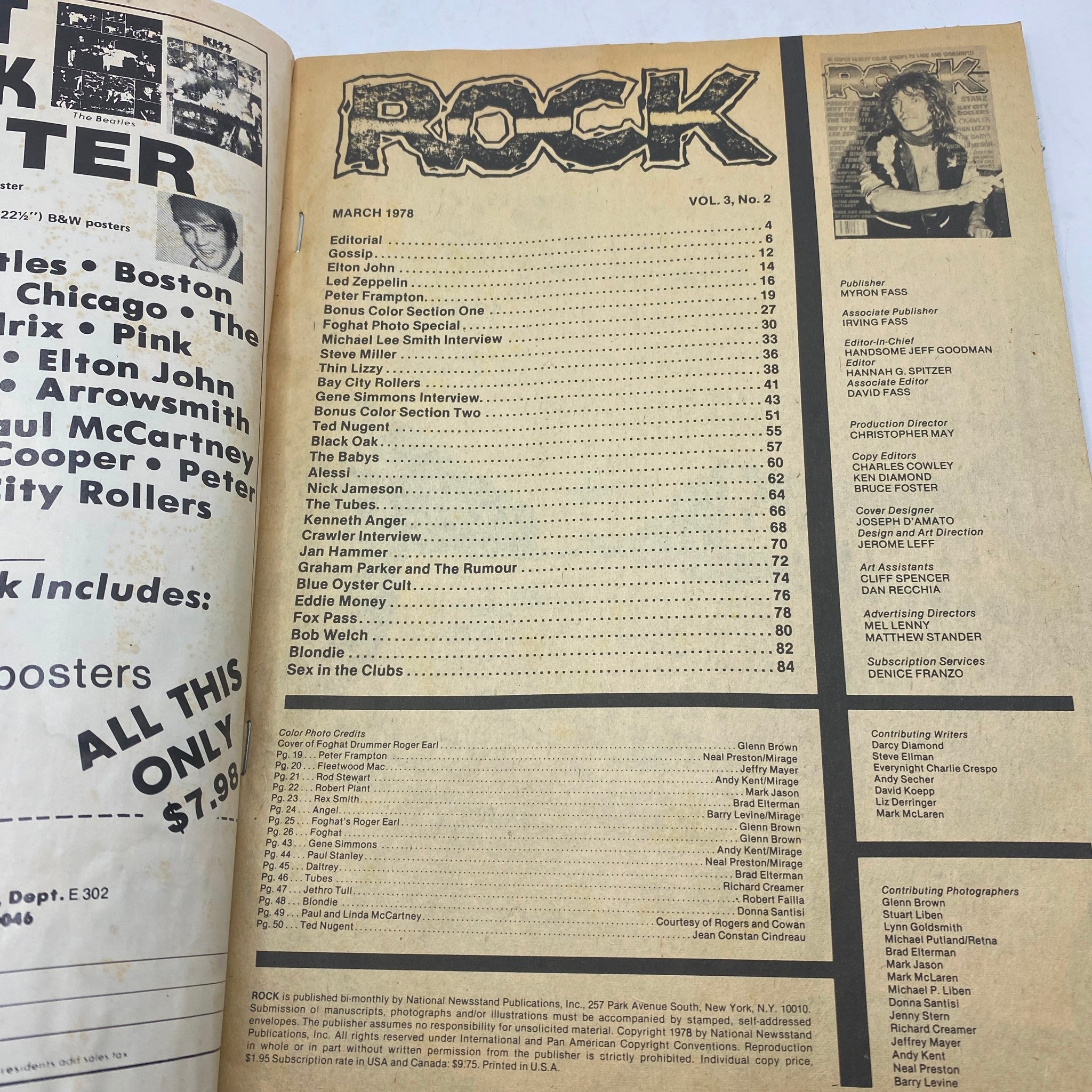 Interior page of VTG Rock Magazine March 1978 Vol 3 No. 2 listing articles and interviews, including content related to prominent rock bands and musicians.
