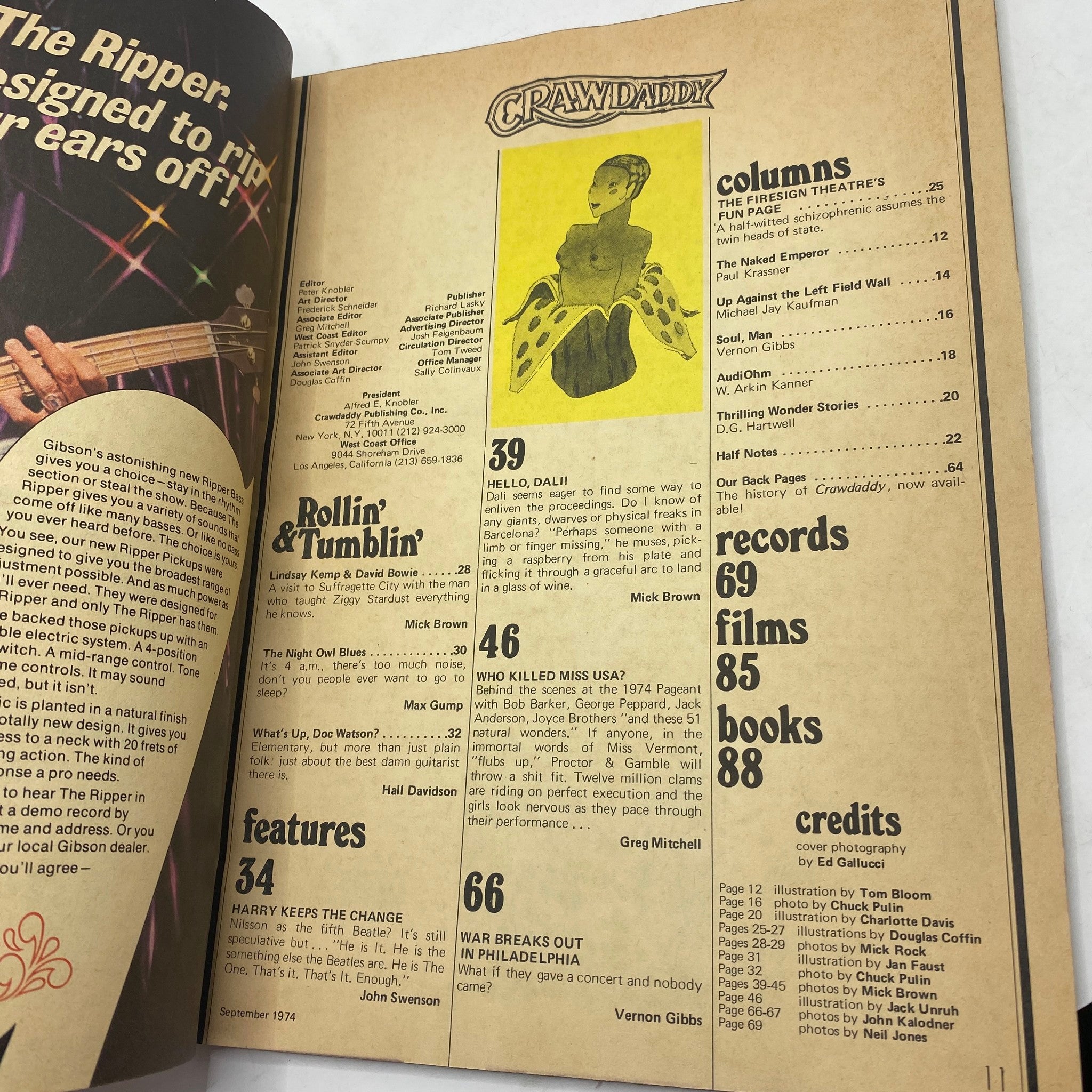 Interior page of VTG Crawdaddy Magazine September 1974 showcasing a table of contents with various articles, including a profile on Miss USA and features on music and cultural commentary from the 1970s.