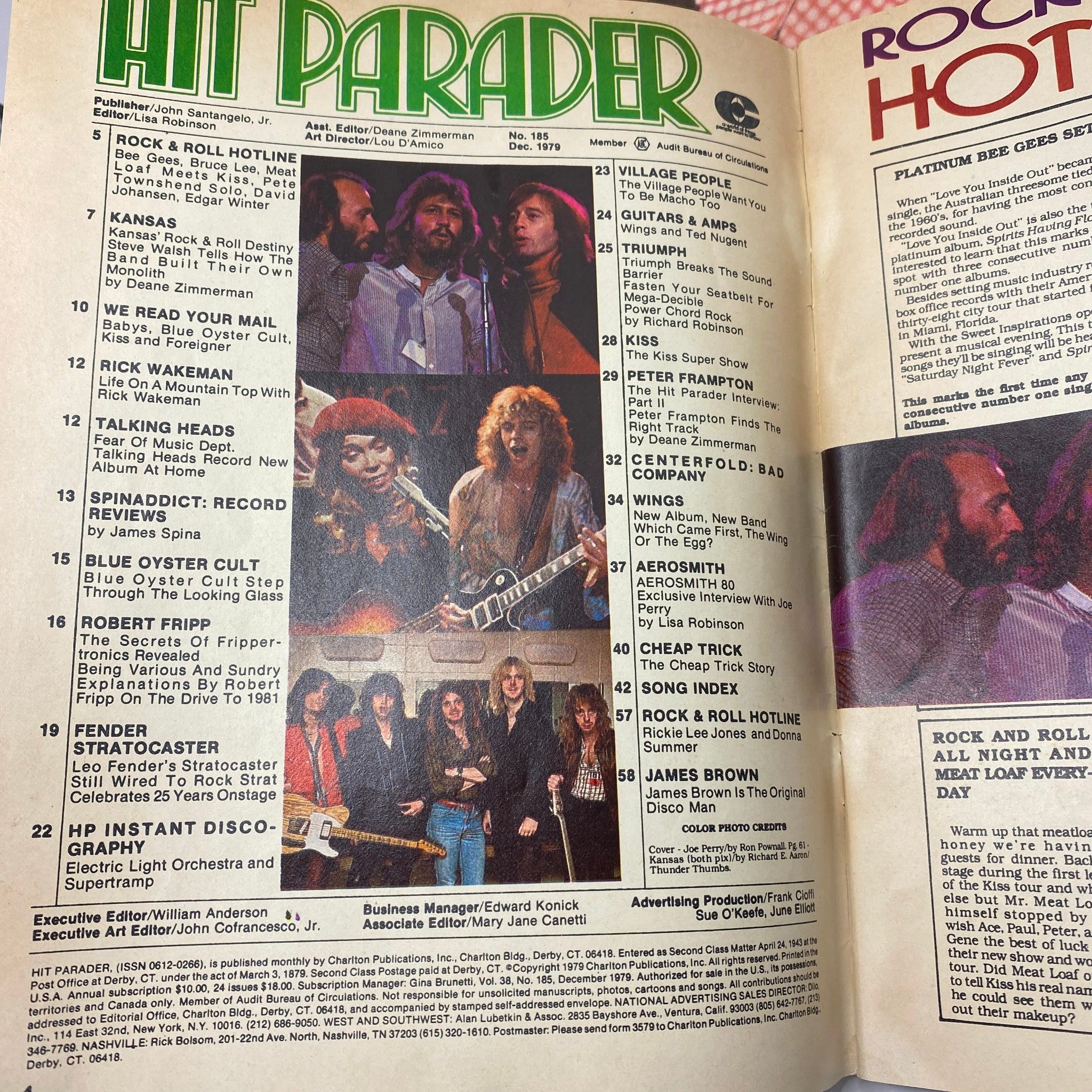 Inside spread of VTG Hit Parader Magazine December 1979 showcasing an index listing of articles and features including Kansas, Blue Oyster Cult, and Aerosmith.