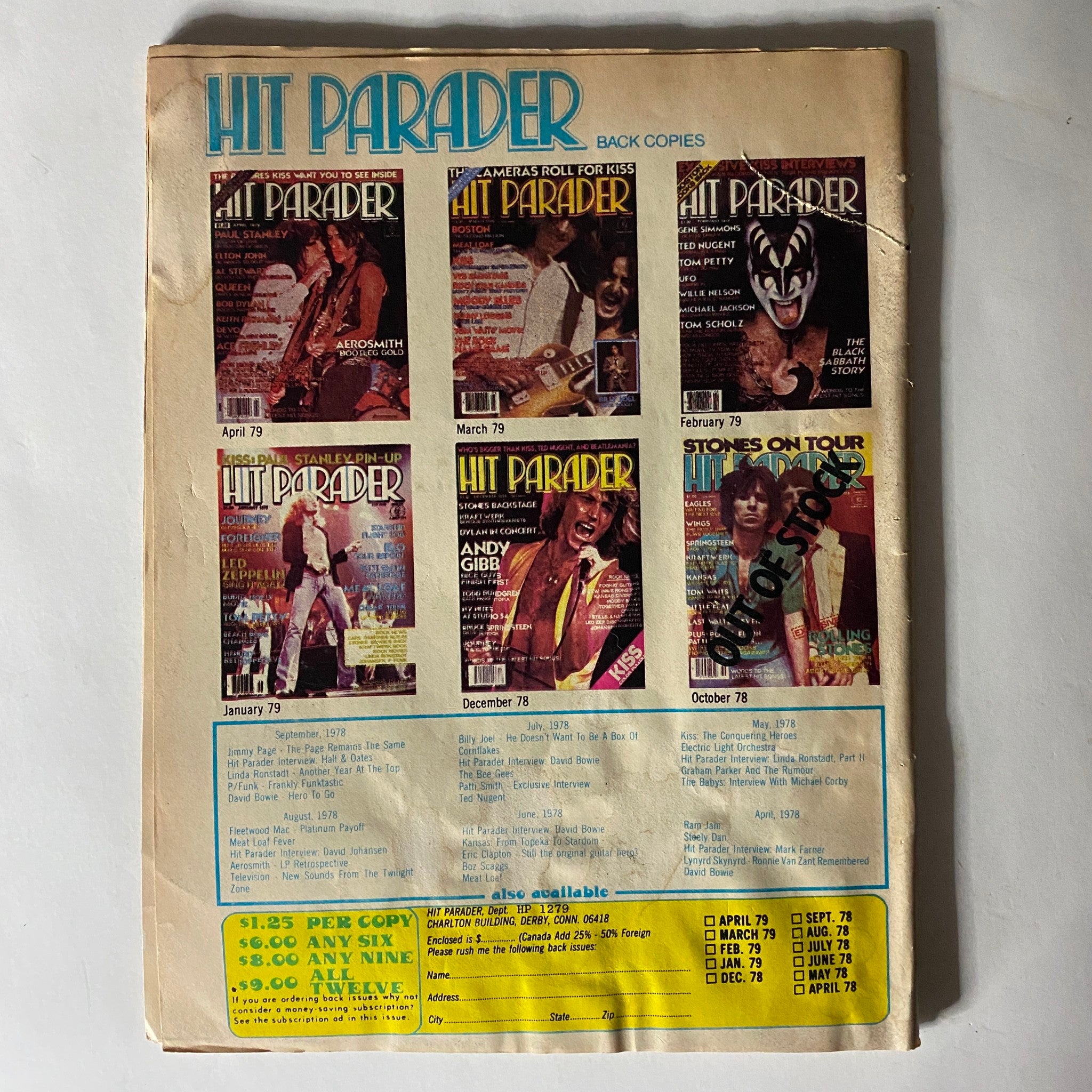 Back cover of Hit Parader Magazine showcasing various issues from 1978 to 1979 including covers featuring famous artists, part of the VTG Hit Parader Magazine December 1979 Joe Perry & Kansas w Centerfold.