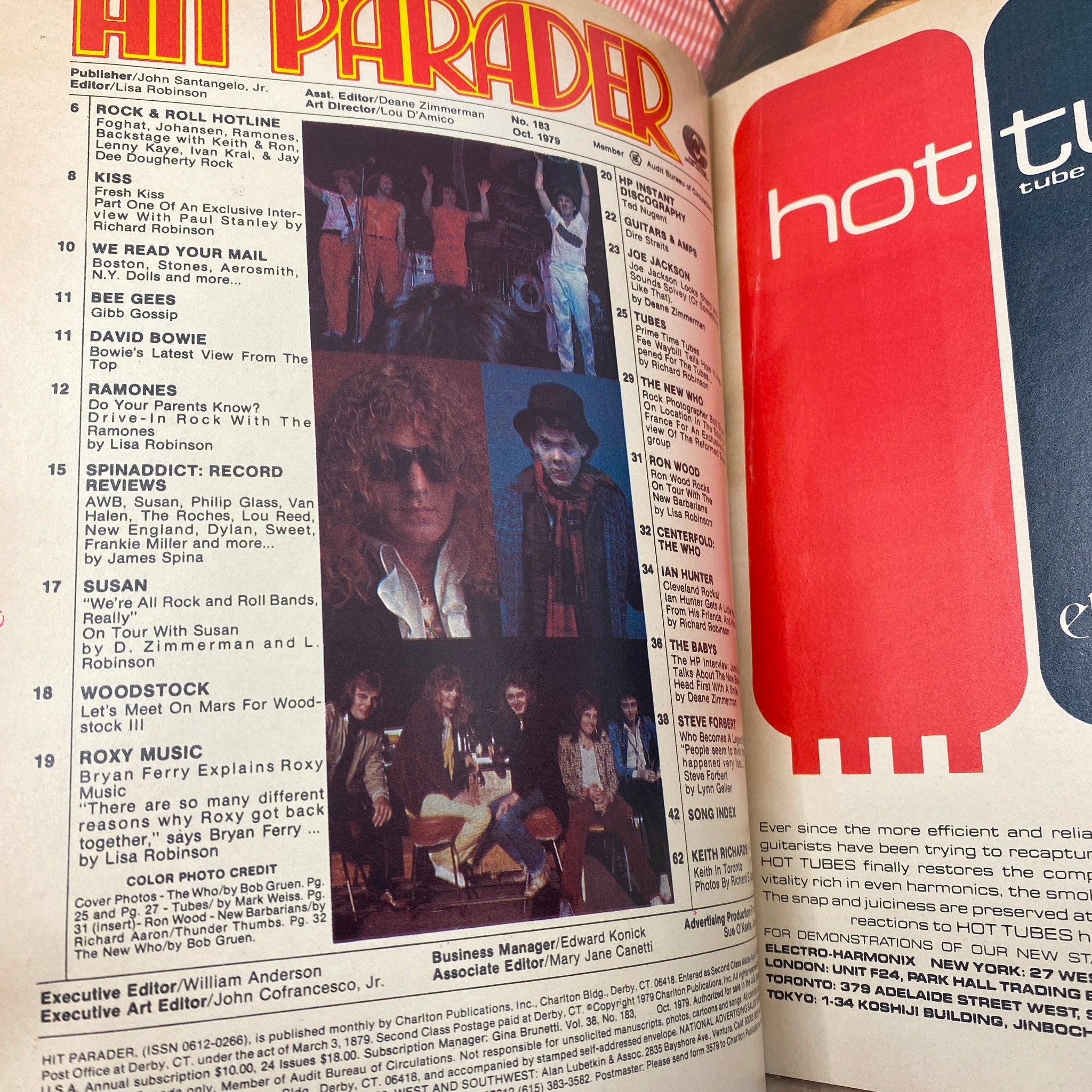 Inside page of VTG Hit Parader Magazine October 1979 showcasing articles about The Who, Ron Wood, and other rock bands with colorful graphics.