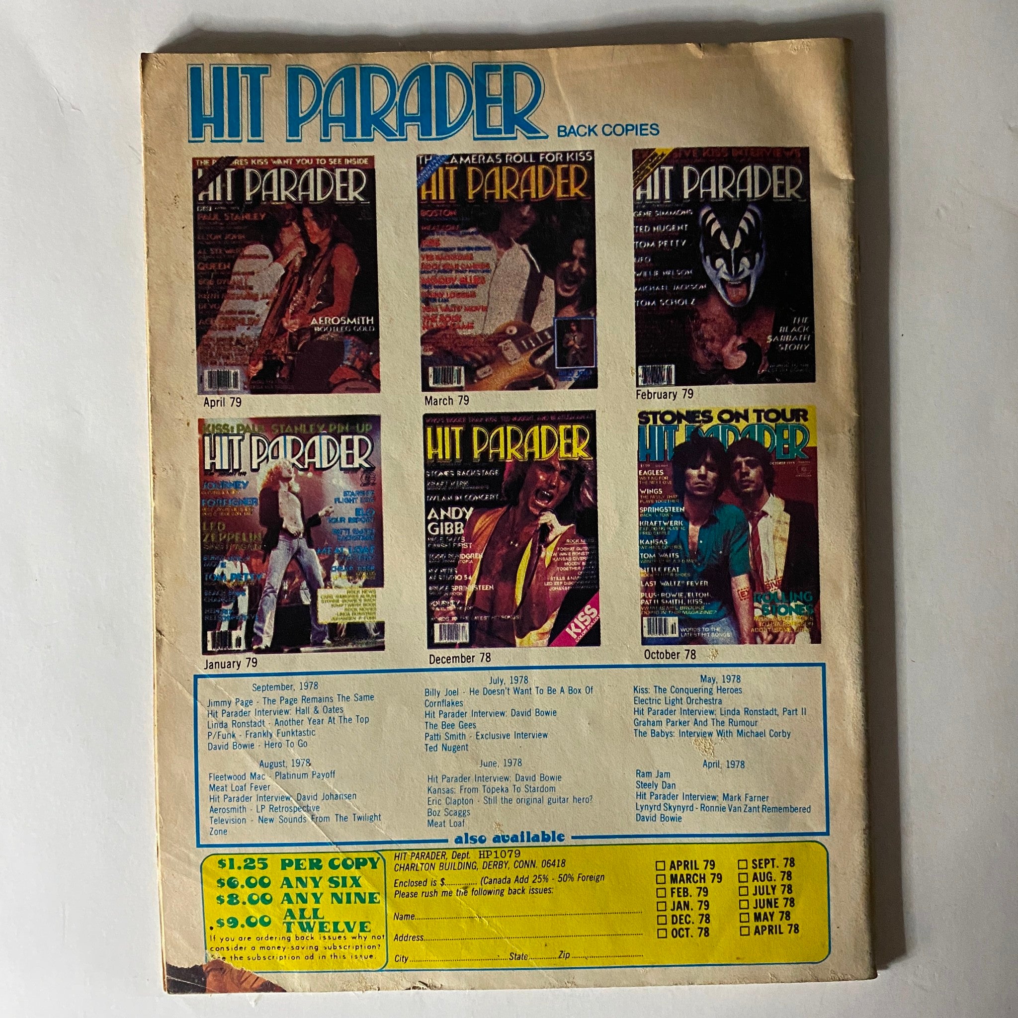 Back cover of VTG Hit Parader Magazine October 1979 displaying various previous issues and back copies including notable rock artists.